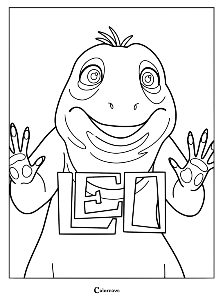 Leo the tuatara from the Netflix movie pressing his hands against the glass, available as a black and white coloring page.