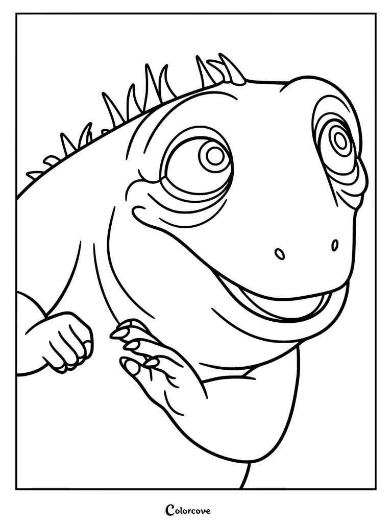 Close-up line art coloring page of Leo the tuatara from the Netflix movie, showing his expressive large eyes and spiked back.