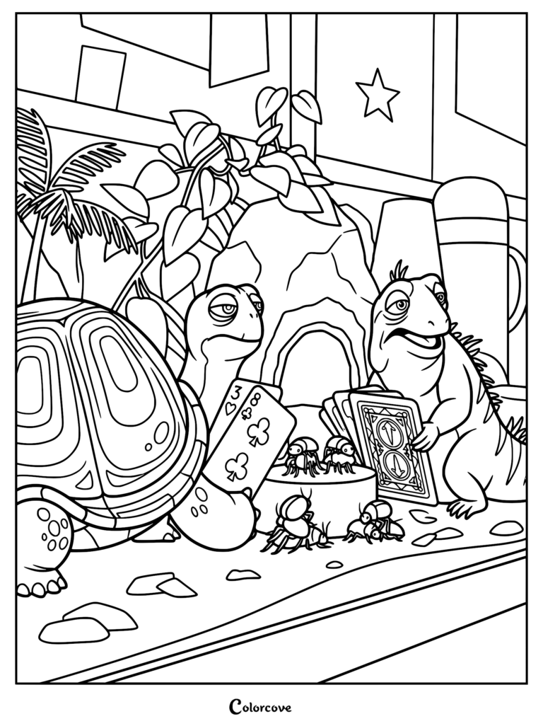 Leo the tuatara and Squirtle the turtle playing a card game inside their classroom terrarium, detailed coloring page illustration.