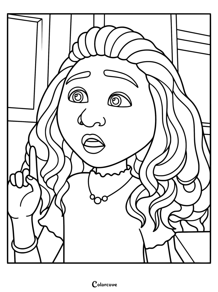 A detailed coloring page of Summer from the Netflix movie Leo, showing her with long wavy hair, wearing a necklace and bracelet, with her index finger raised in a curious expression.