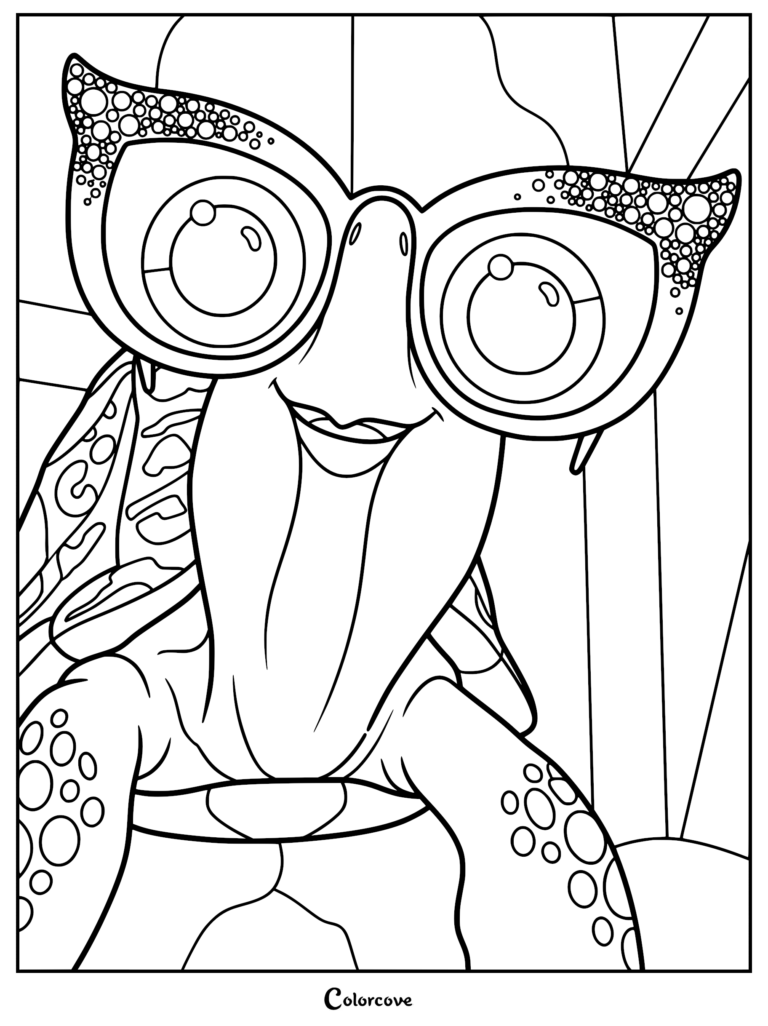 Close-up line art coloring page of Squirtle the turtle from the Netflix film Leo, wearing stylish, glittery oversized cat-eye sunglasses with a confident smile.