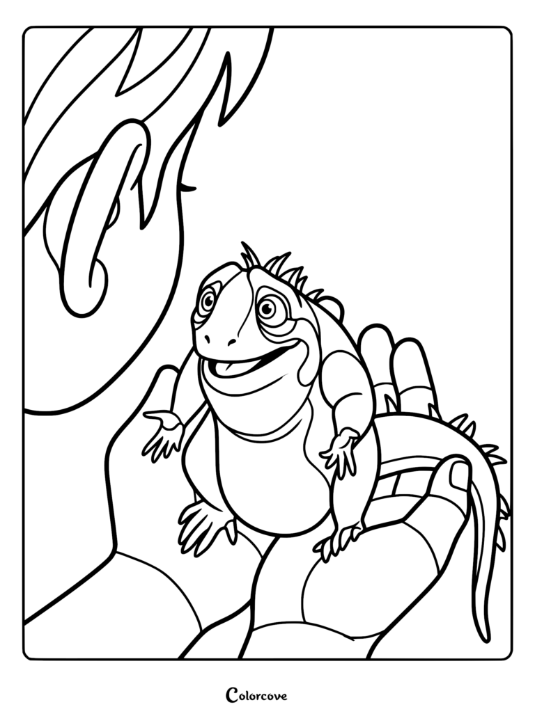 A printable coloring page featuring Leo the tuatara from the Netflix movie being held carefully in a child's cupped hands.