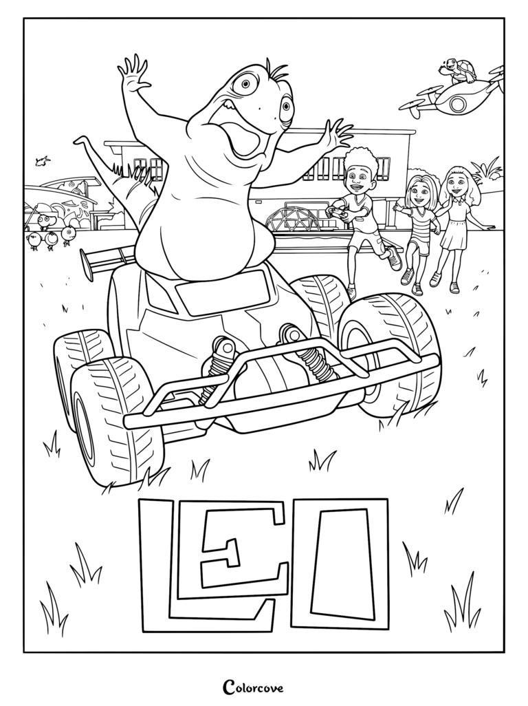 Leo the tuatara drives a toy RC car with students Jayda, Summer, and Eli running alongside as Squirtle flies a drone in this printable coloring page.