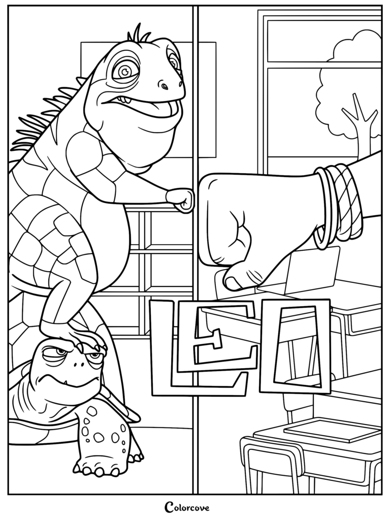 Leo the tuatara and his turtle friend Squirtle sharing a fist bump in a classroom setting, detailed black and white line art coloring page.