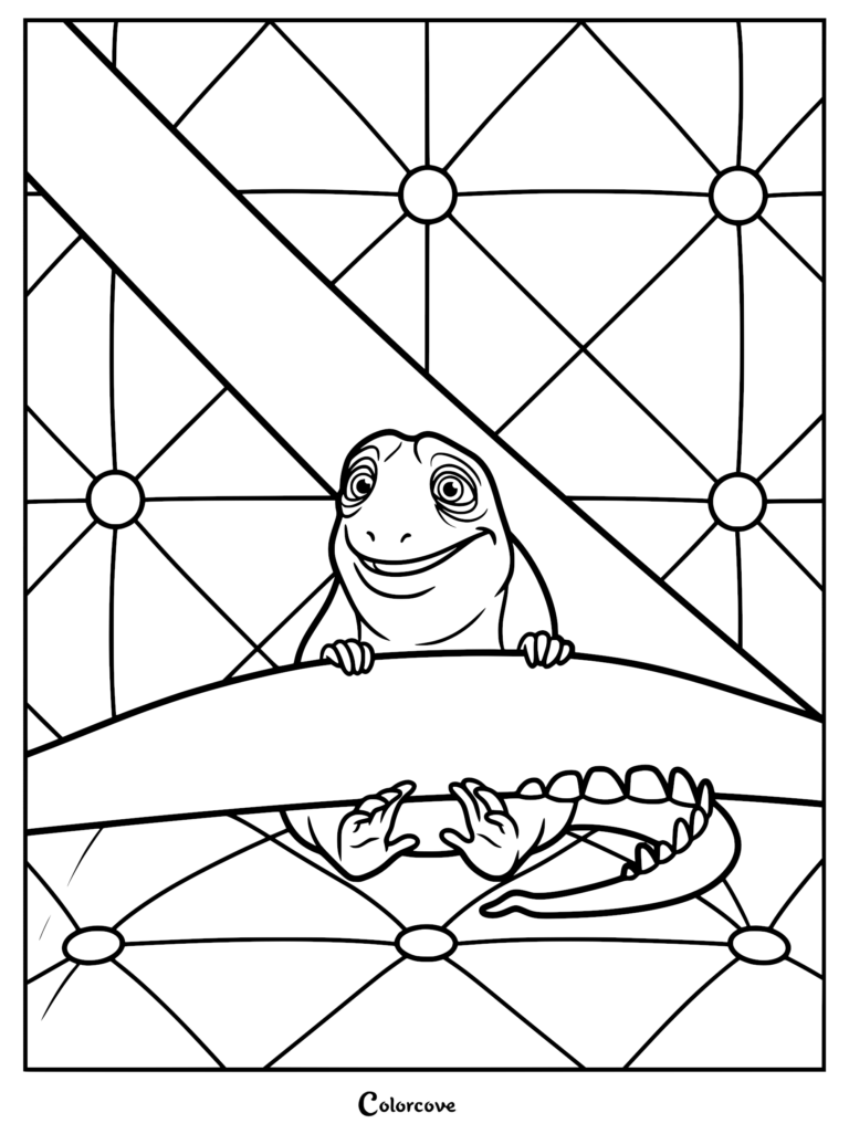 A printable coloring page featuring Leo the tuatara peeking over a thick branch with a geometric triangular lattice background.