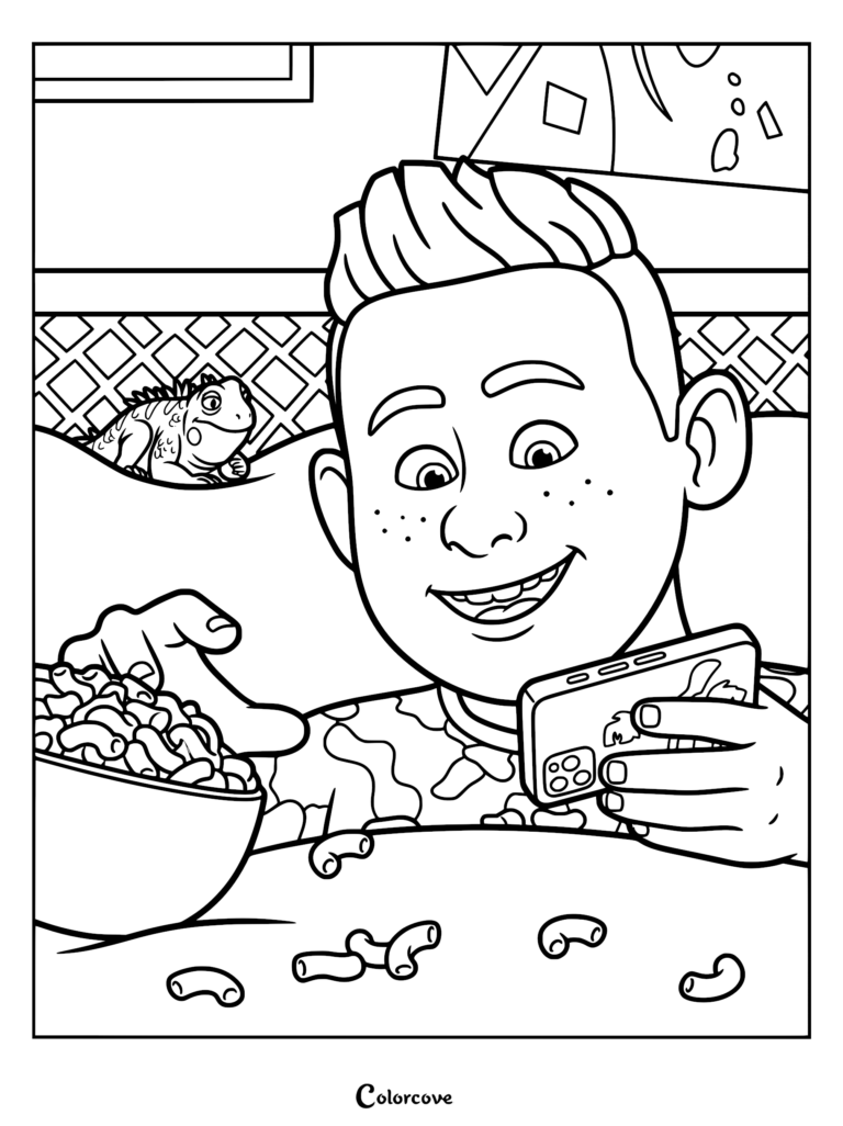 Anthony smiling while holding a smartphone and eating a bowl of macaroni, with Leo the tuatara watching him in this printable coloring page.