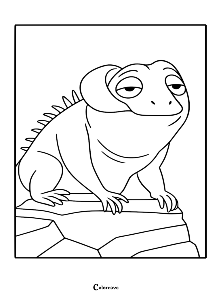 A detailed line art coloring page of Leo the tuatara sitting on a rock with his signature skeptical, half-lidded expression and spiky back.
