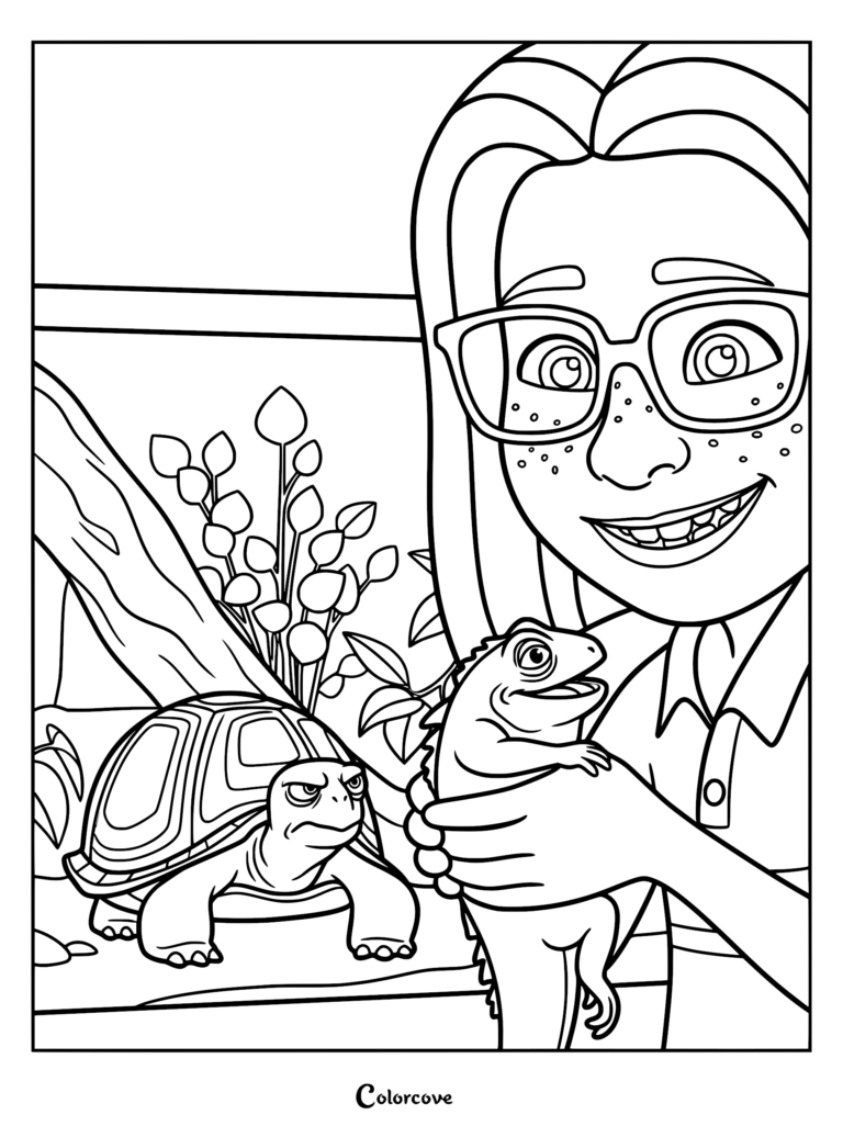 A printable coloring page featuring Summer smiling while holding Leo the tuatara, with Squirtle the turtle watching from the background inside the classroom terrarium.