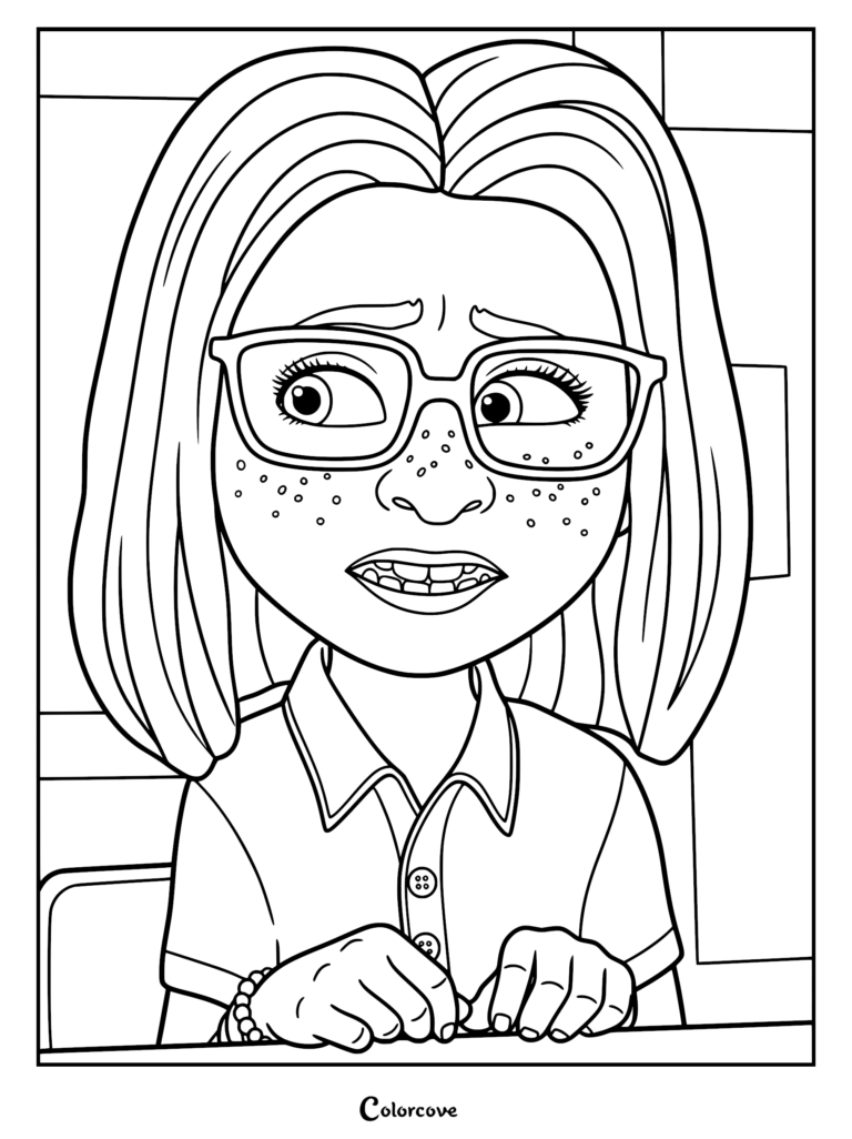 A detailed line art coloring page of Ms. Malkin from the Netflix movie Leo, wearing glasses and a collared shirt, looking concerned with freckles on her face.
