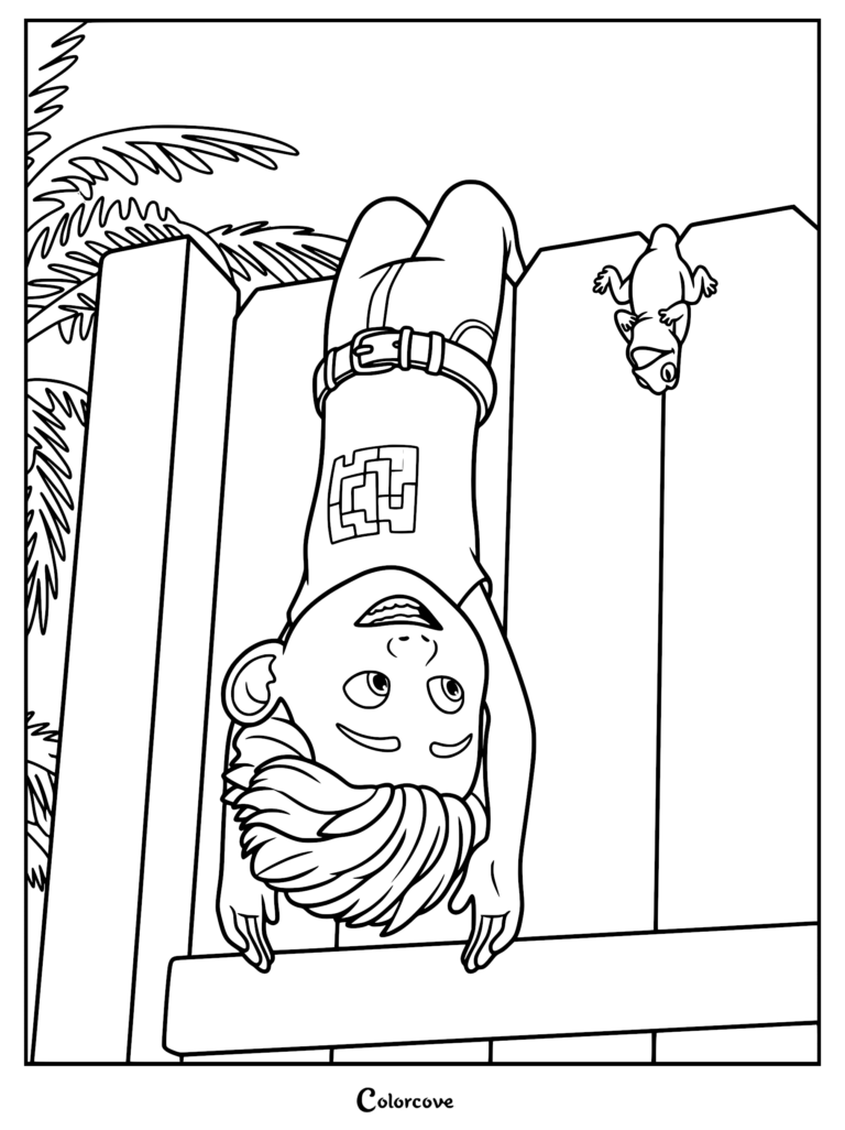 A printable coloring page featuring Eli hanging upside down from a wooden fence, with Leo the tuatara looking down at him.
