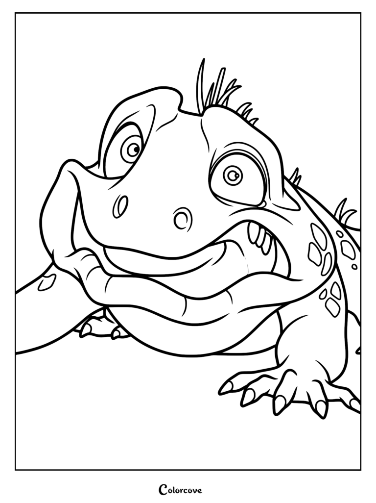 Close-up line art coloring page of Leo the tuatara from the Netflix movie, showing his expressive wide eyes and textured reptilian skin.