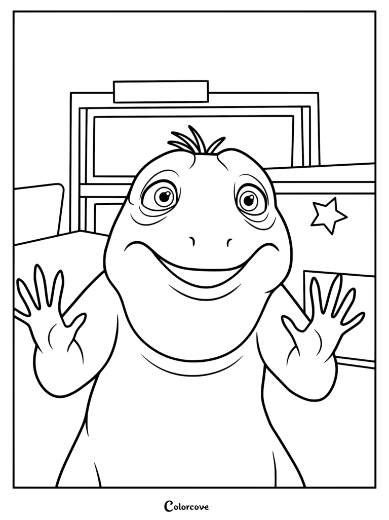 Leo the tuatara from the Netflix movie with hands pressed against the glass of his classroom terrarium, printable coloring page.