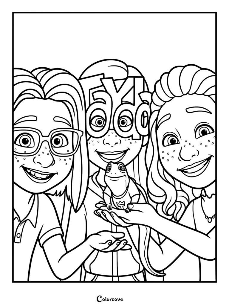 Leo the tuatara sitting in the palms of students, a black and white printable coloring page of Summer, Jayda, and a friend holding the reptile.