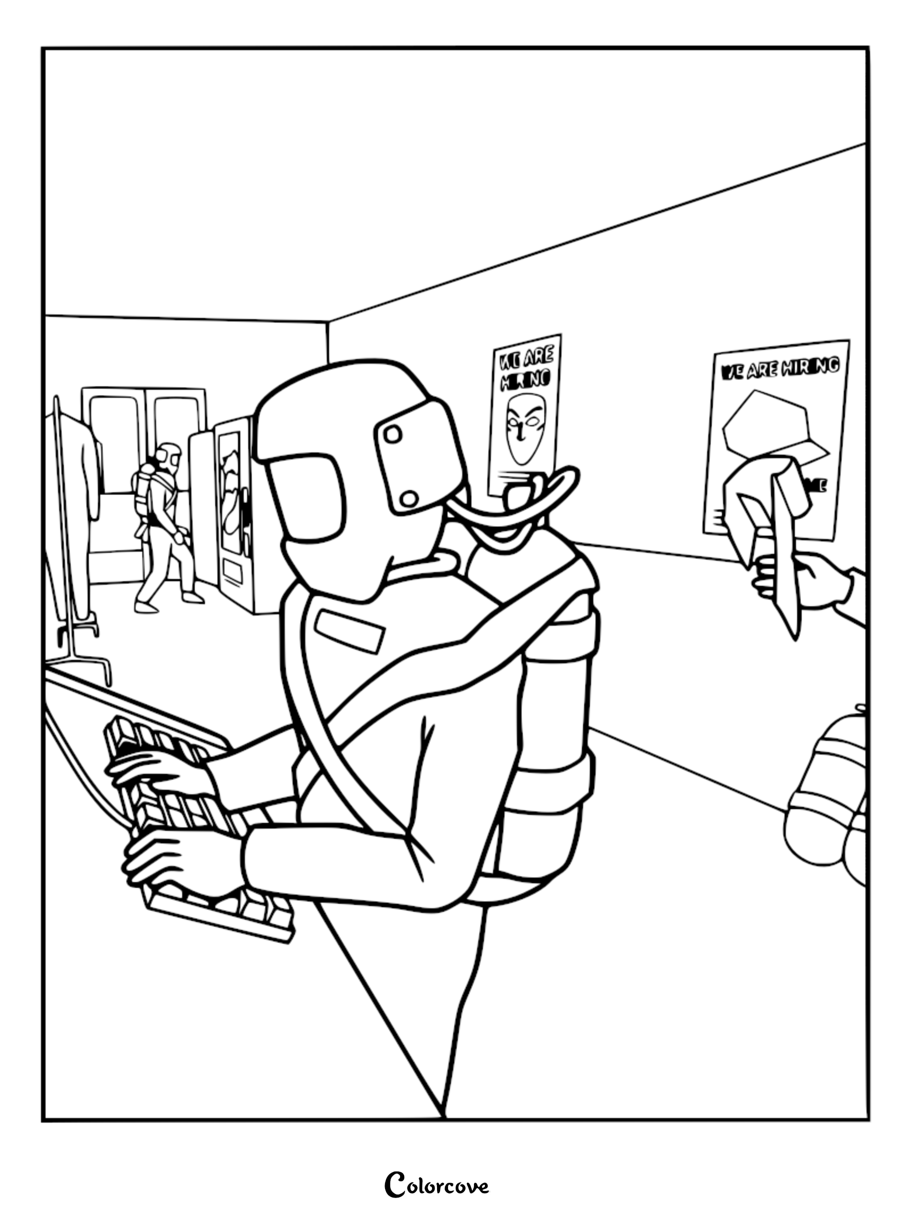 A Lethal Company scavenger in an orange suit and black helmet sitting at a terminal inside a spaceship, coloring page style line art.