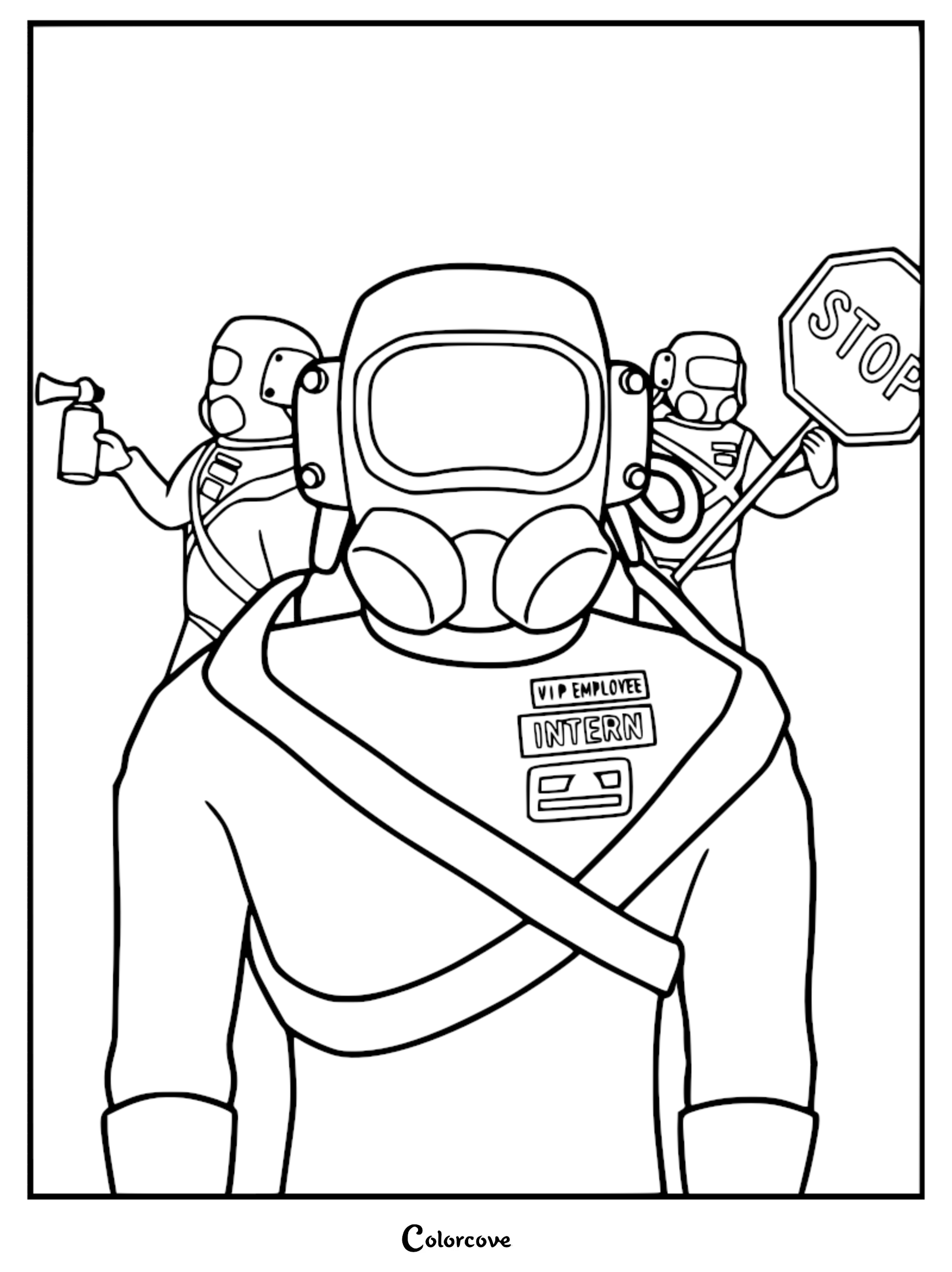 A printable coloring page featuring three Lethal Company scavengers, with one intern in the foreground and two teammates holding a loud air horn and a stop sign in the background.
