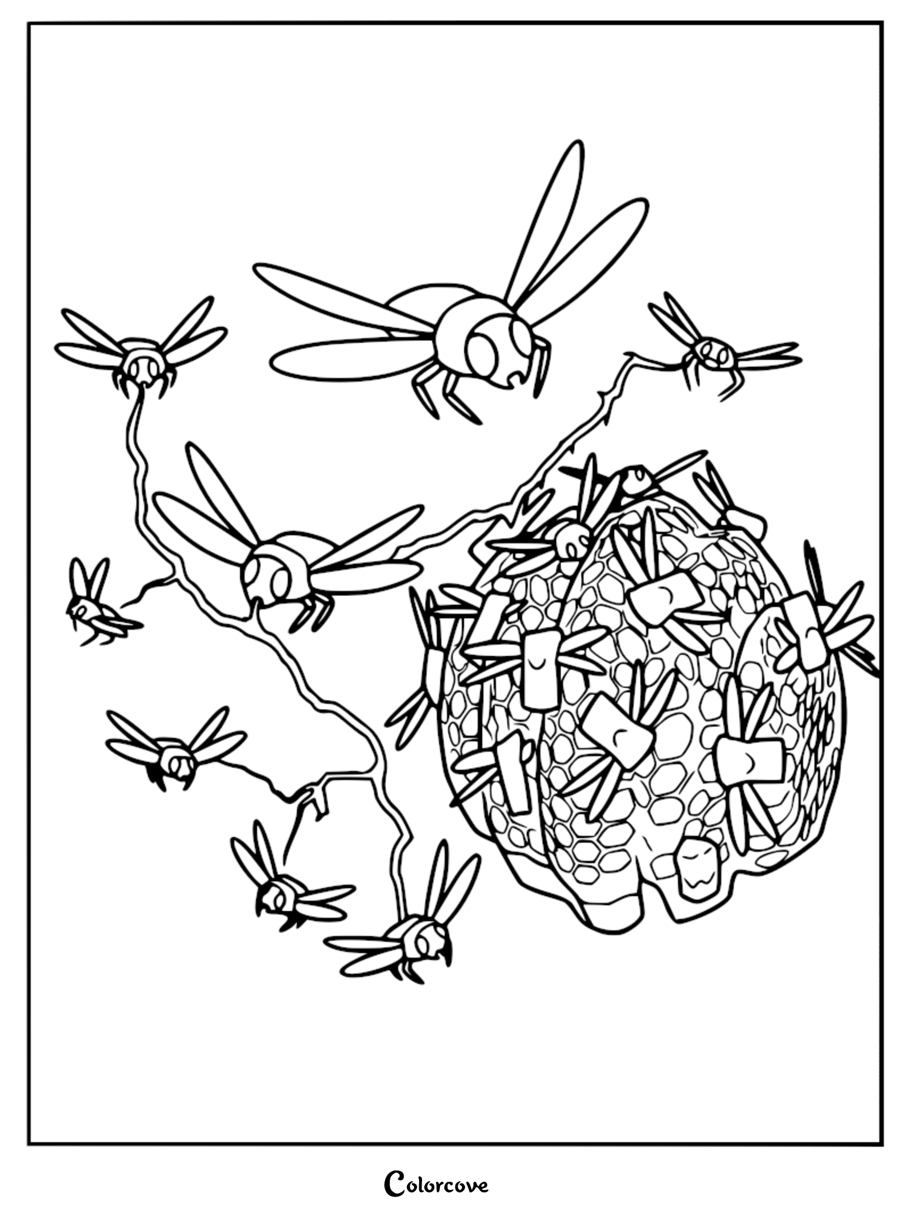 A detailed coloring page featuring a swarm of Lethal Company Circuit Bees buzzing around their large, hexagonal red hive attached to a branch.