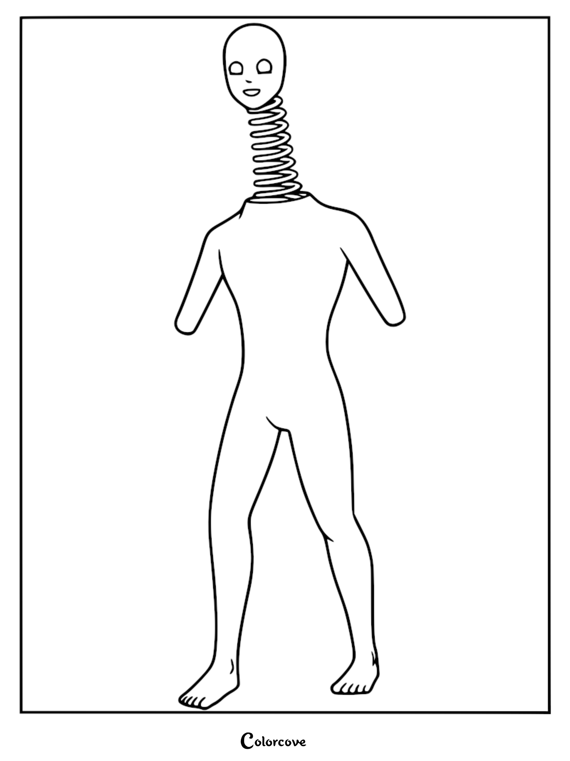 A simple black and white line art coloring page of the Lethal Company Coil-Head entity, featuring its signature spring neck and mannequin body.