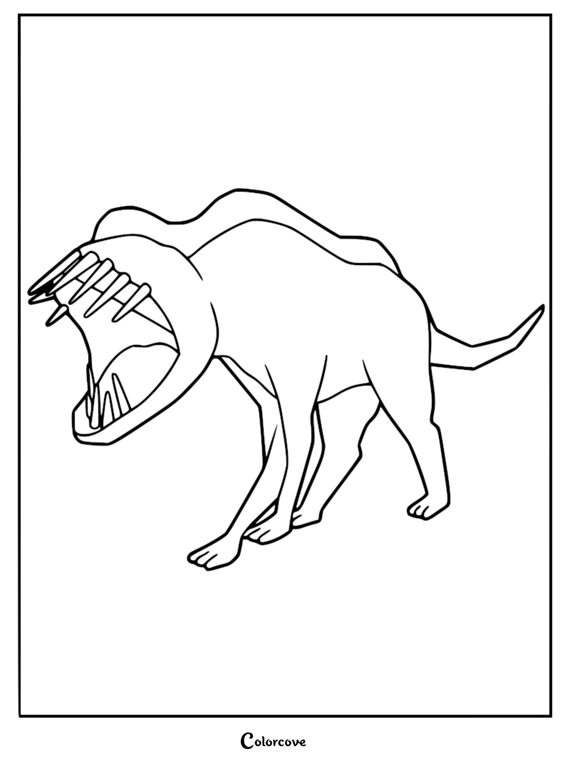 A printable coloring page featuring the Eyeless Dog from Lethal Company with its massive, toothy maw wide open.