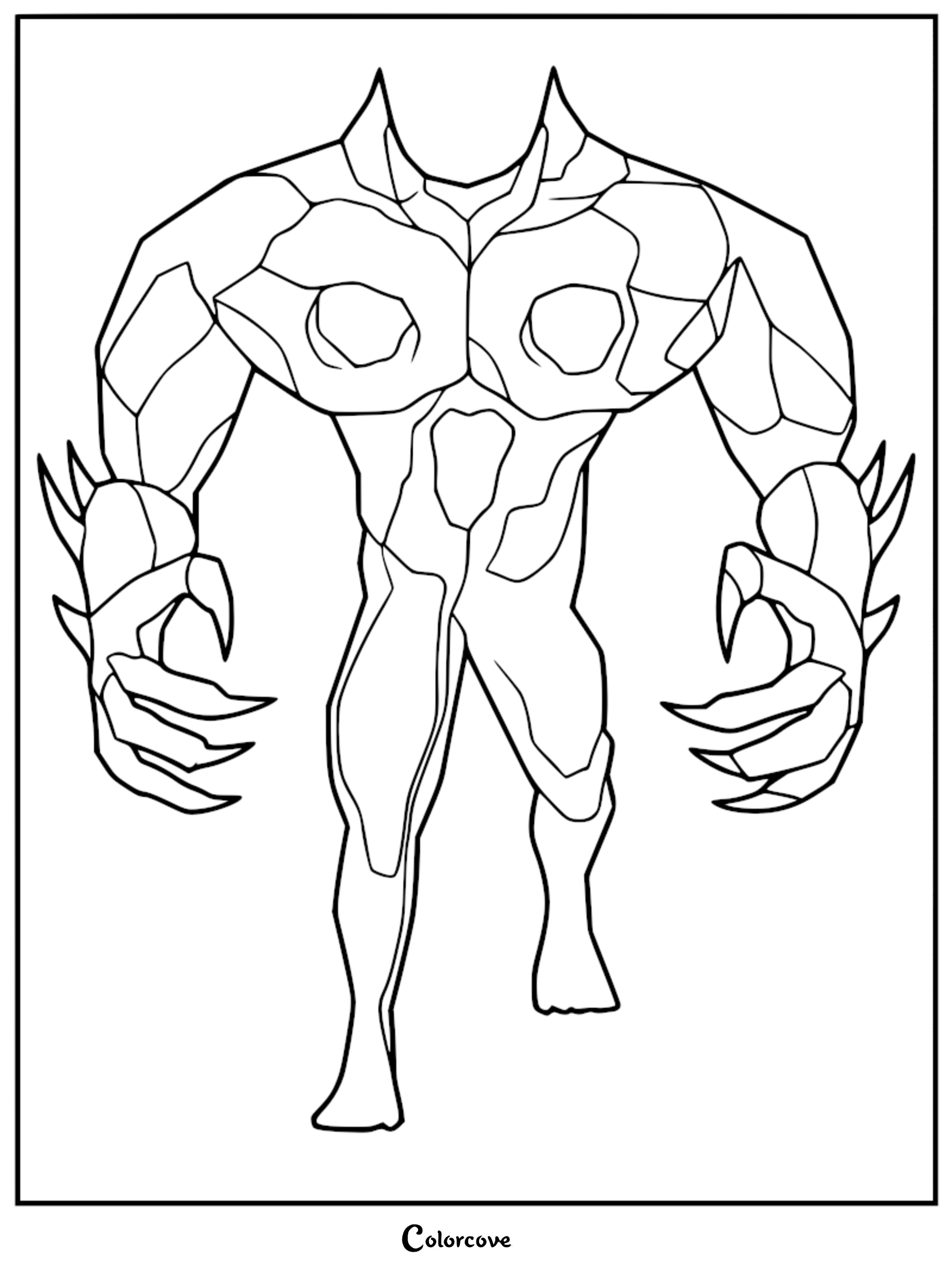 A detailed line art coloring page of the towering Forest Keeper from Lethal Company, showing its massive wooden physique and sharp claws.