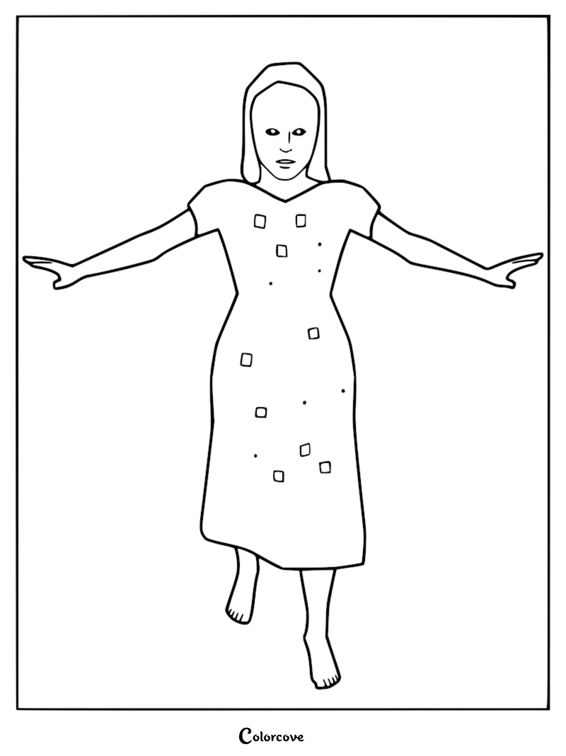 A printable coloring page featuring the Ghost Girl from Lethal Company, depicted as a young girl in a dress with arms outstretched.