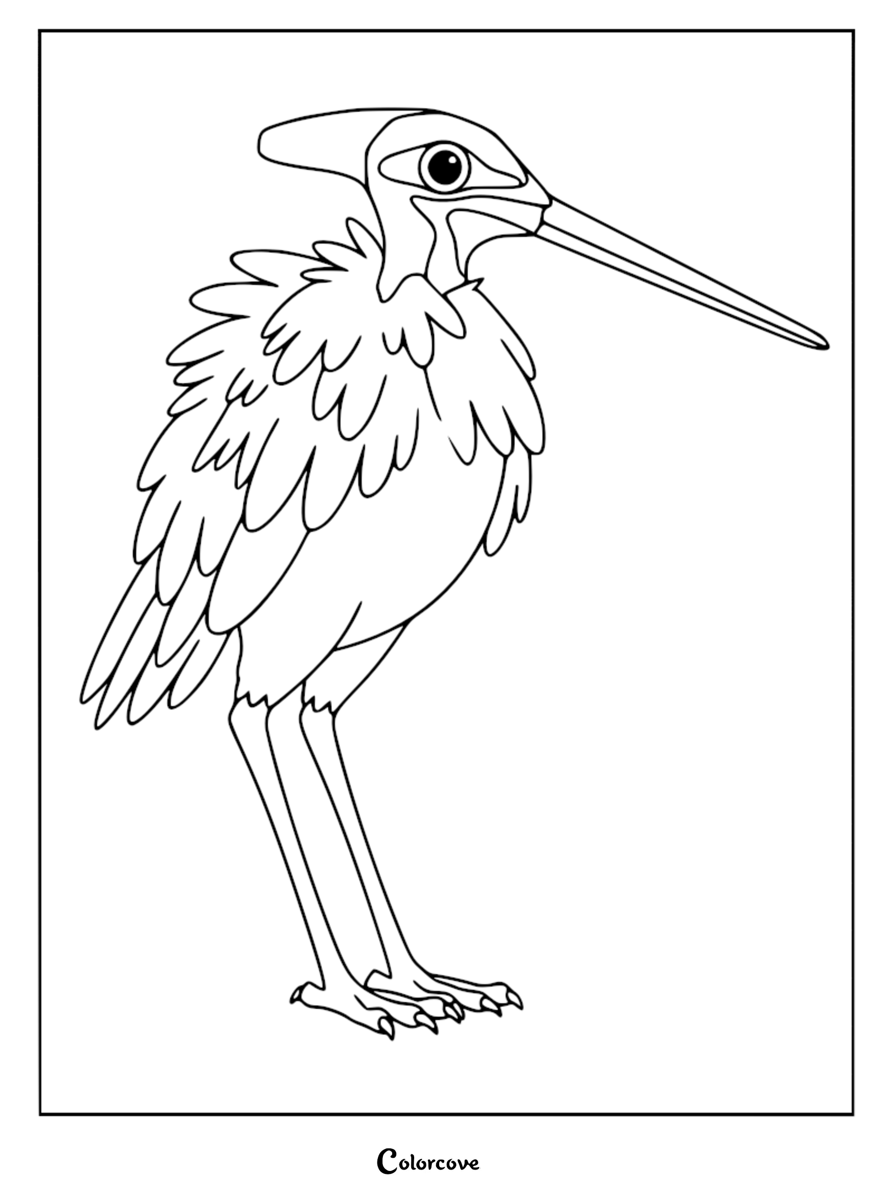 A detailed line art coloring page of the Giant Sapsucker from Lethal Company, showing its long beak, crested head, and feathered body in a standing profile pose.