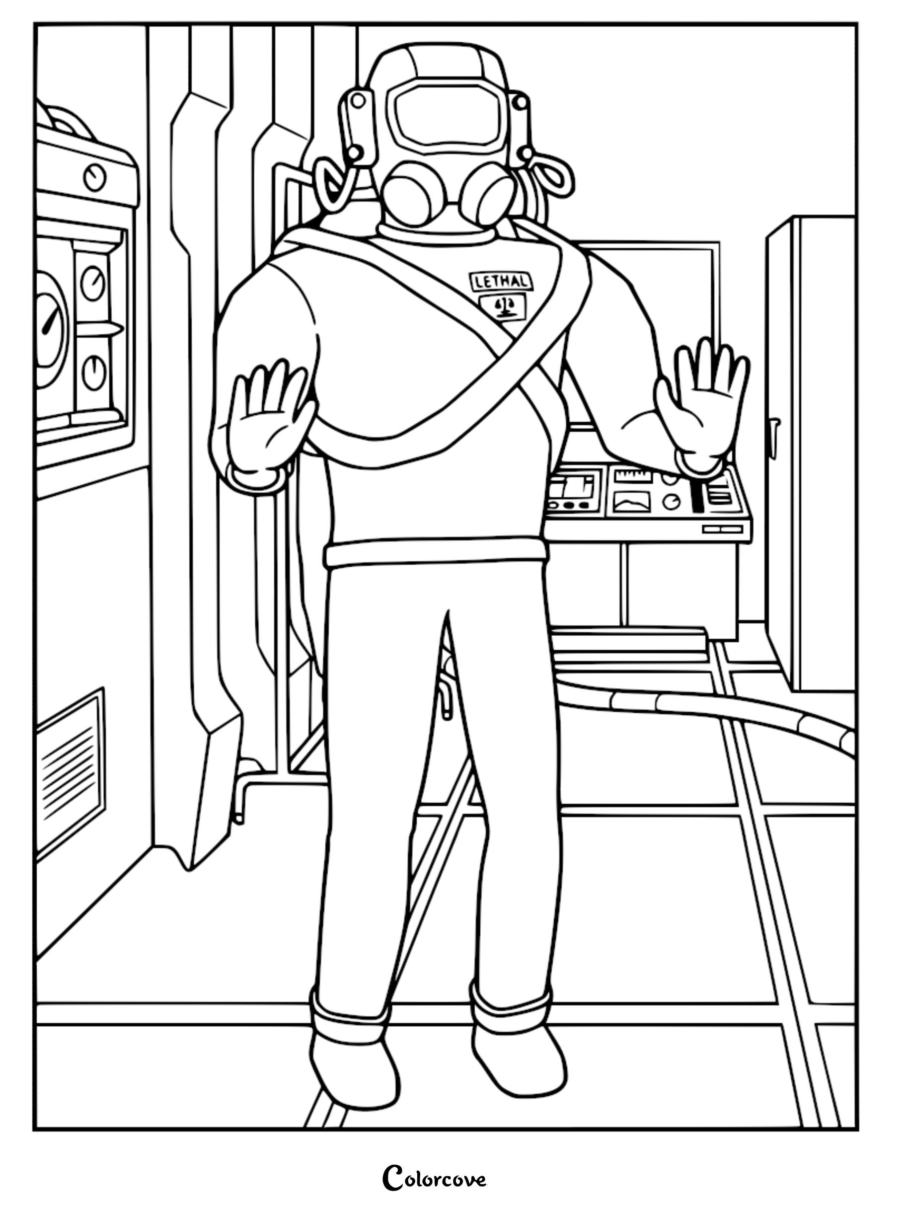 A line art coloring page featuring a Lethal Company player character in an orange hazard suit standing inside a facility with hands raised.