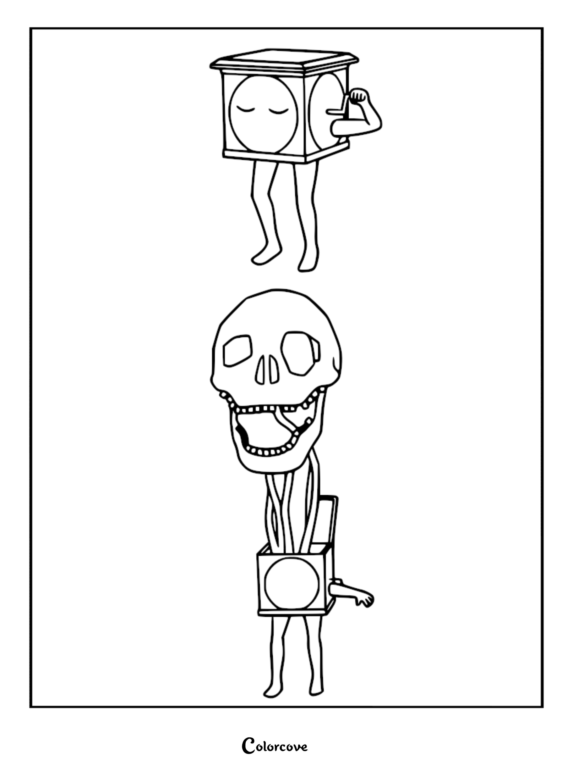 A printable coloring page featuring the Jester from Lethal Company, showing both its box form and its terrifying emerged skull form.