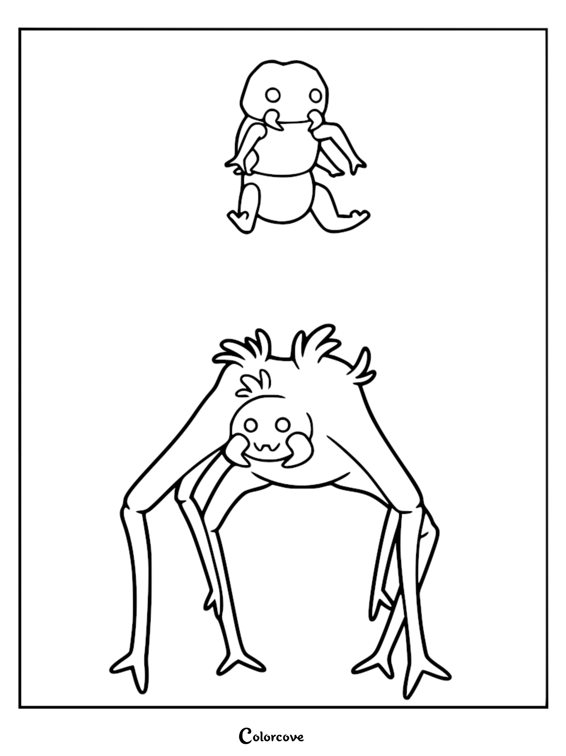 A printable coloring page showing the Lethal Company Maneater in its small baby form above its large, mutated beast form.