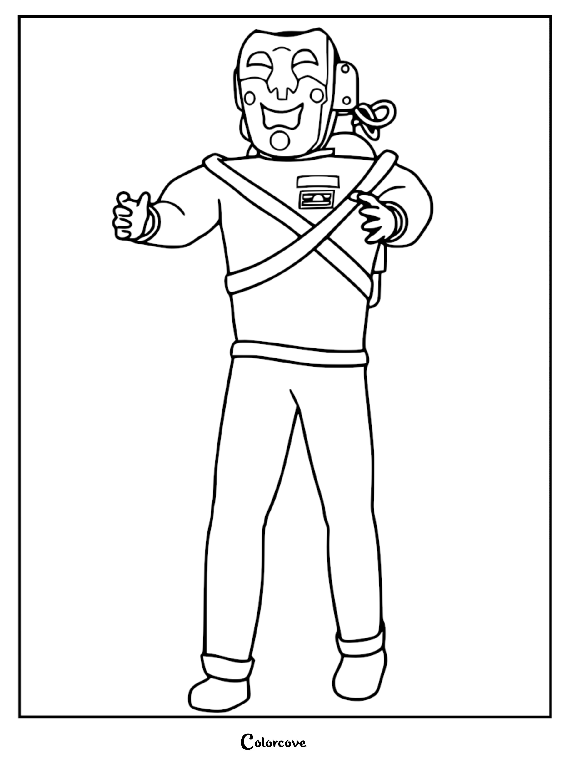 A printable coloring page featuring the Masked entity from Lethal Company, wearing a Comedy mask and a scavenger suit with arms outstretched.