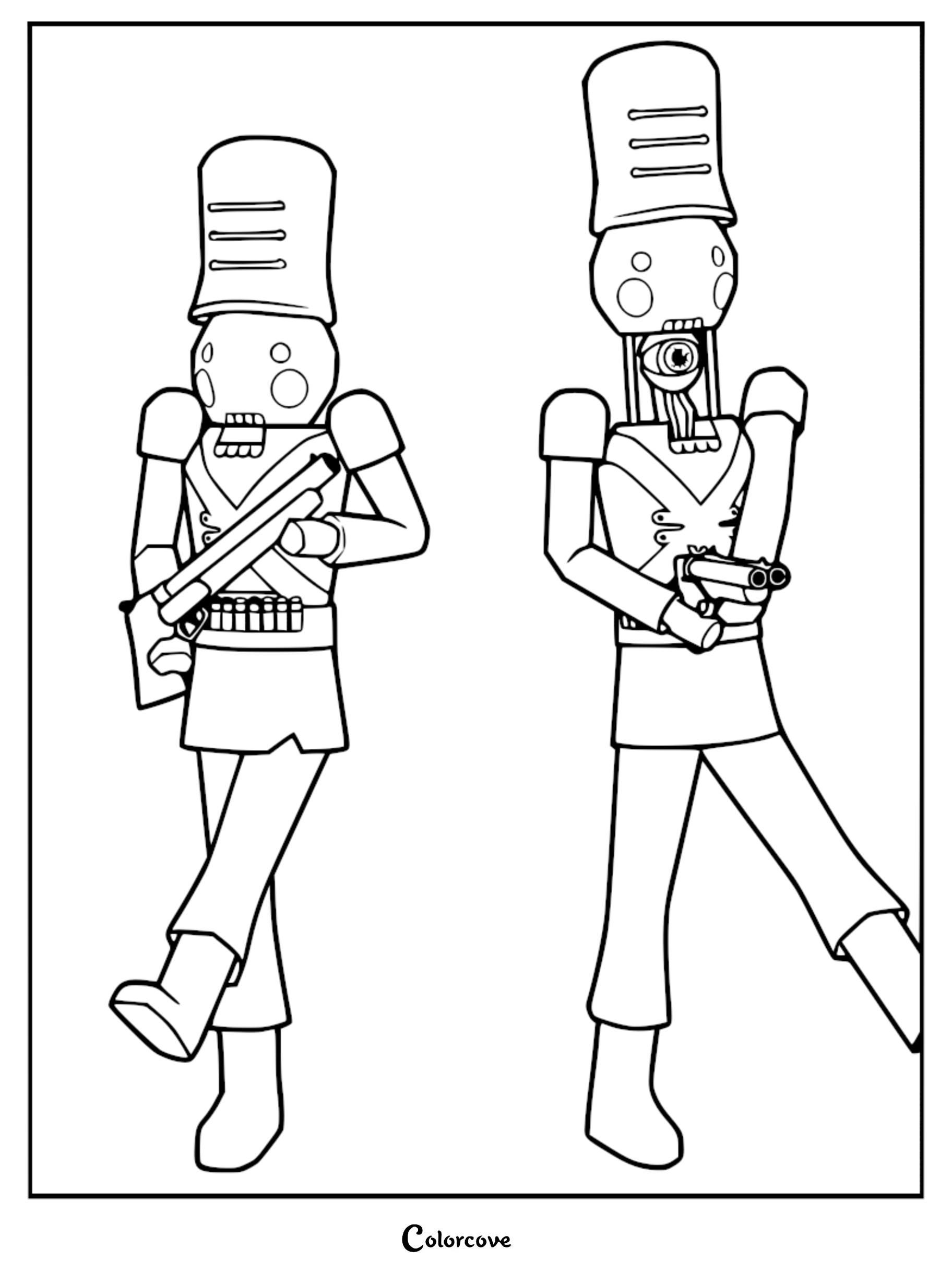Two Nutcracker enemies from Lethal Company in a coloring page, one with a closed head and one revealing its scanning eye while holding a shotgun.
