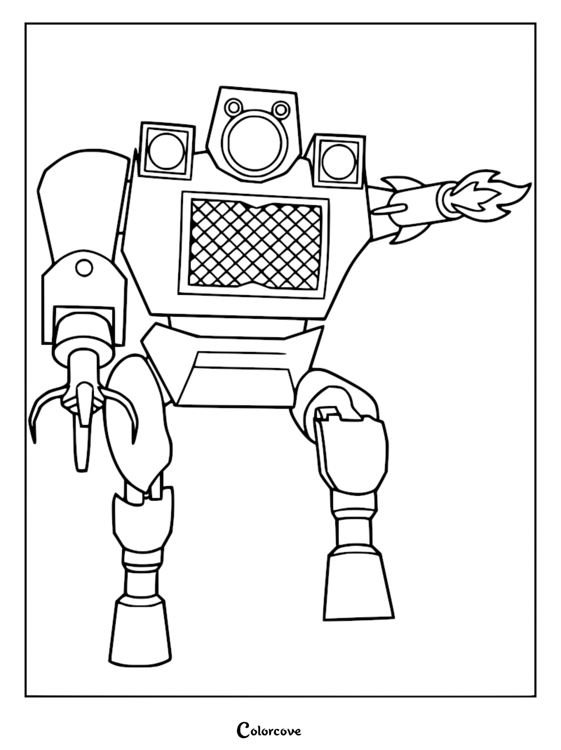A detailed coloring page of the Old Bird mech from Lethal Company, featuring its robotic frame, claw hand, and arm-mounted rocket launcher.