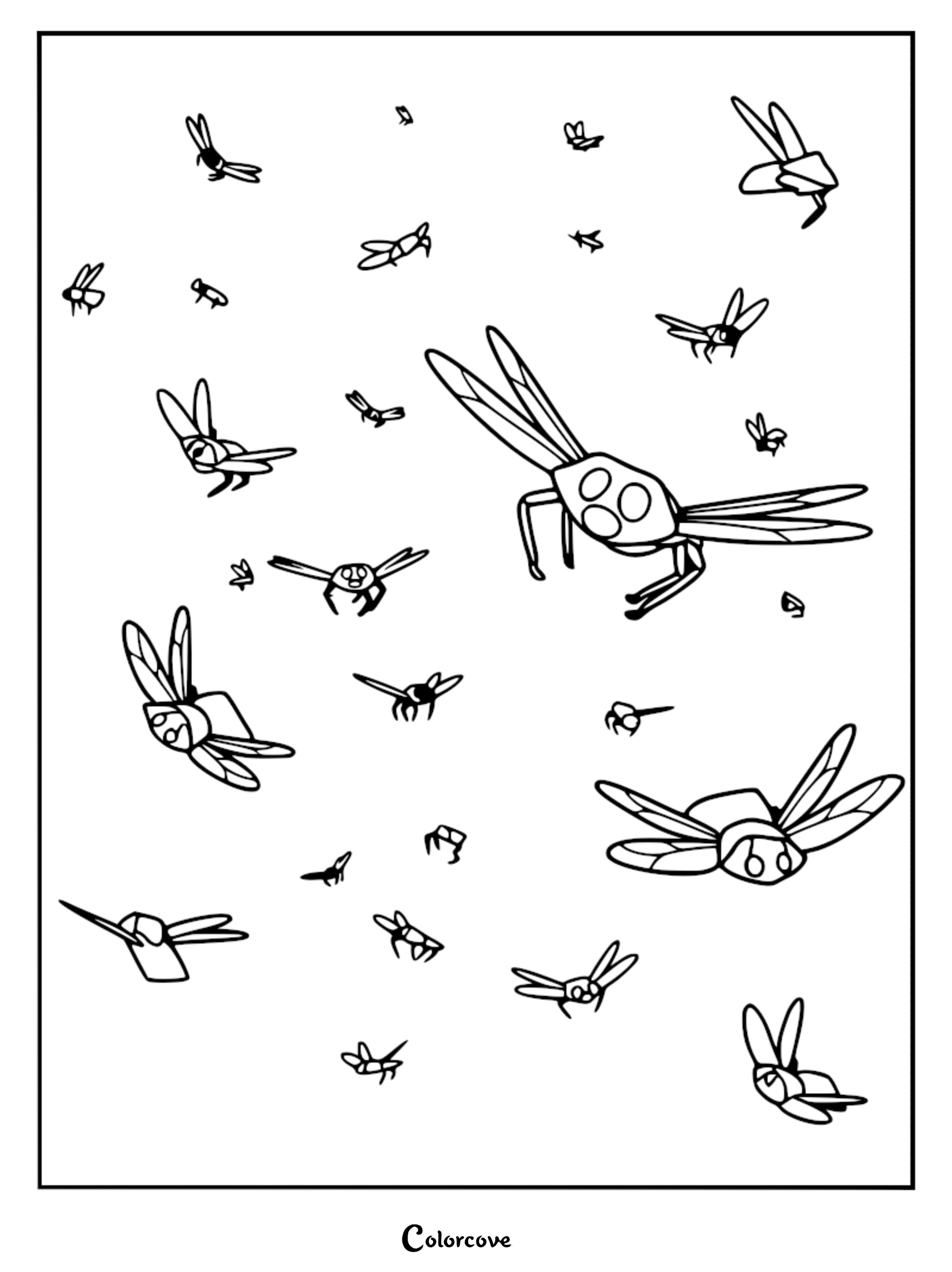 A printable coloring page featuring a swarm of Roaming Locusts from Lethal Company flying in various directions.