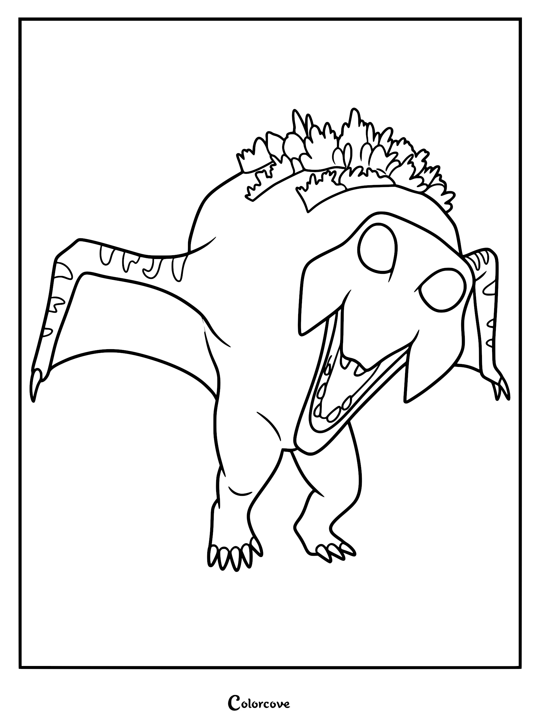 A detailed line art coloring page of a Lethal Company Baboon Hawk standing with wings spread and mouth open.