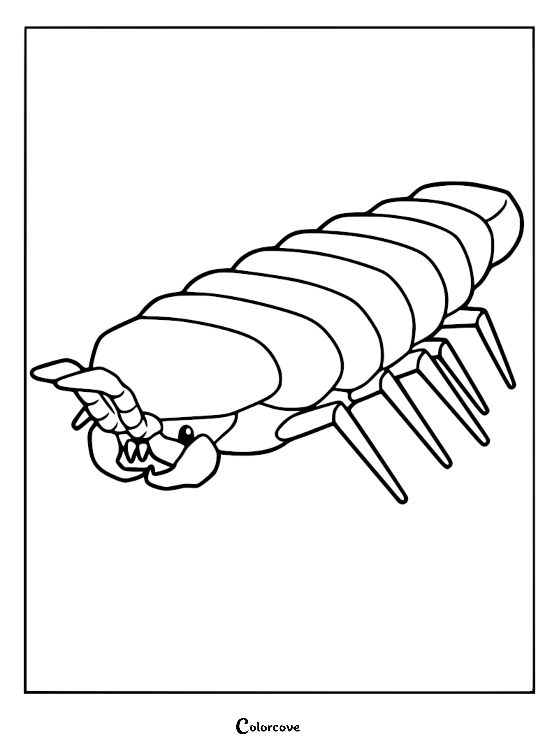 A detailed line art coloring page of a Snare Flea from Lethal Company, showing its segmented body, many legs, and sharp mandibles.