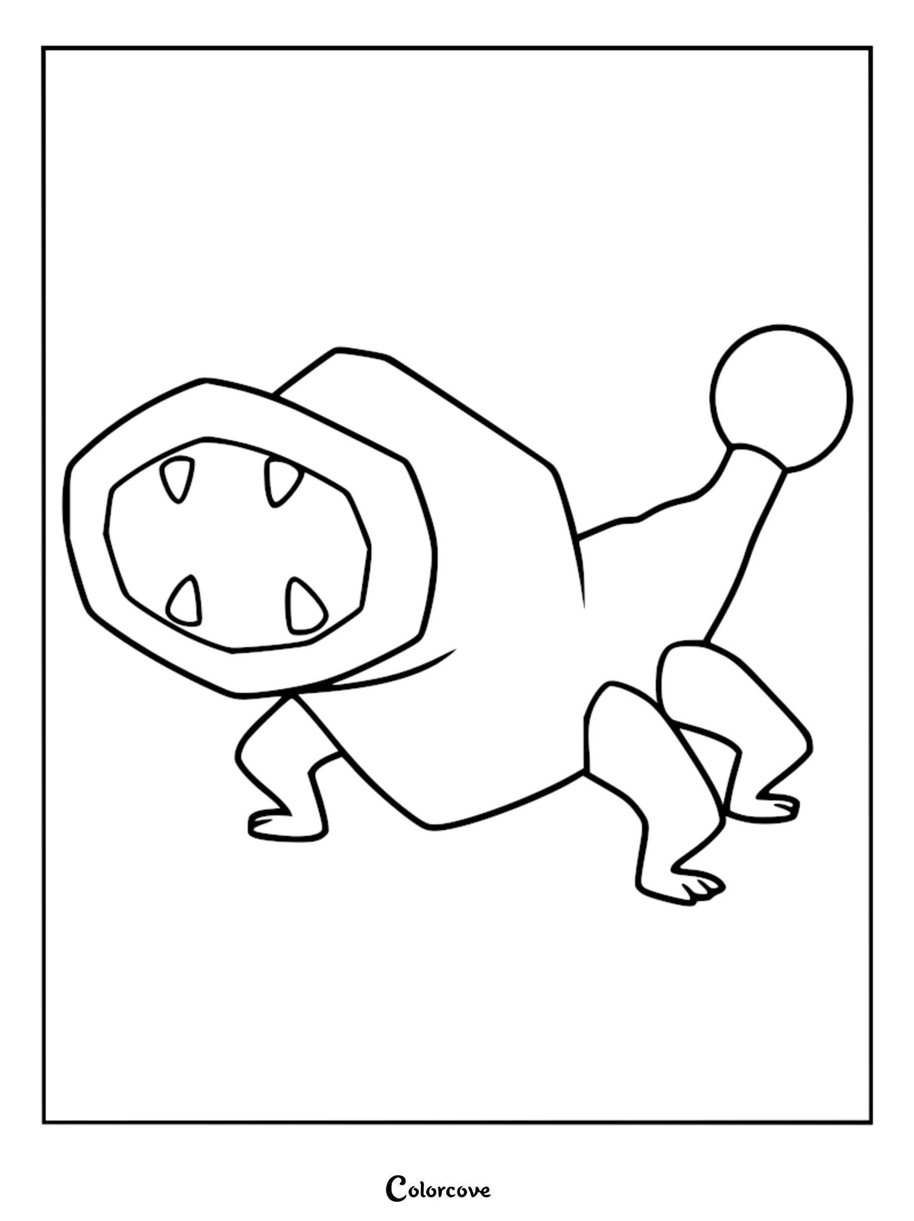 A simple line art coloring page of a Spore Lizard from Lethal Company, showing its wide mouth and signature tail orb.