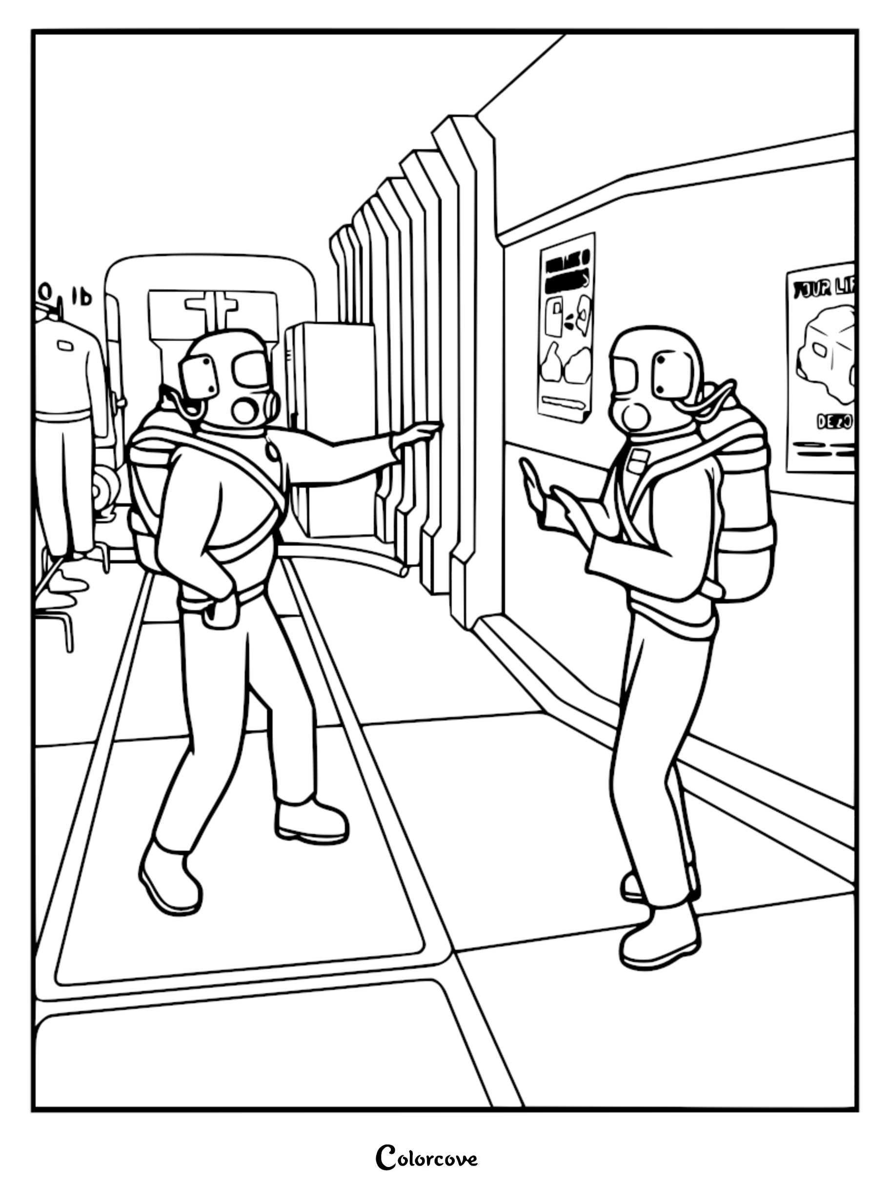Two Lethal Company employees wearing orange Decoy Suits standing in a facility hallway, featured in this printable coloring page.