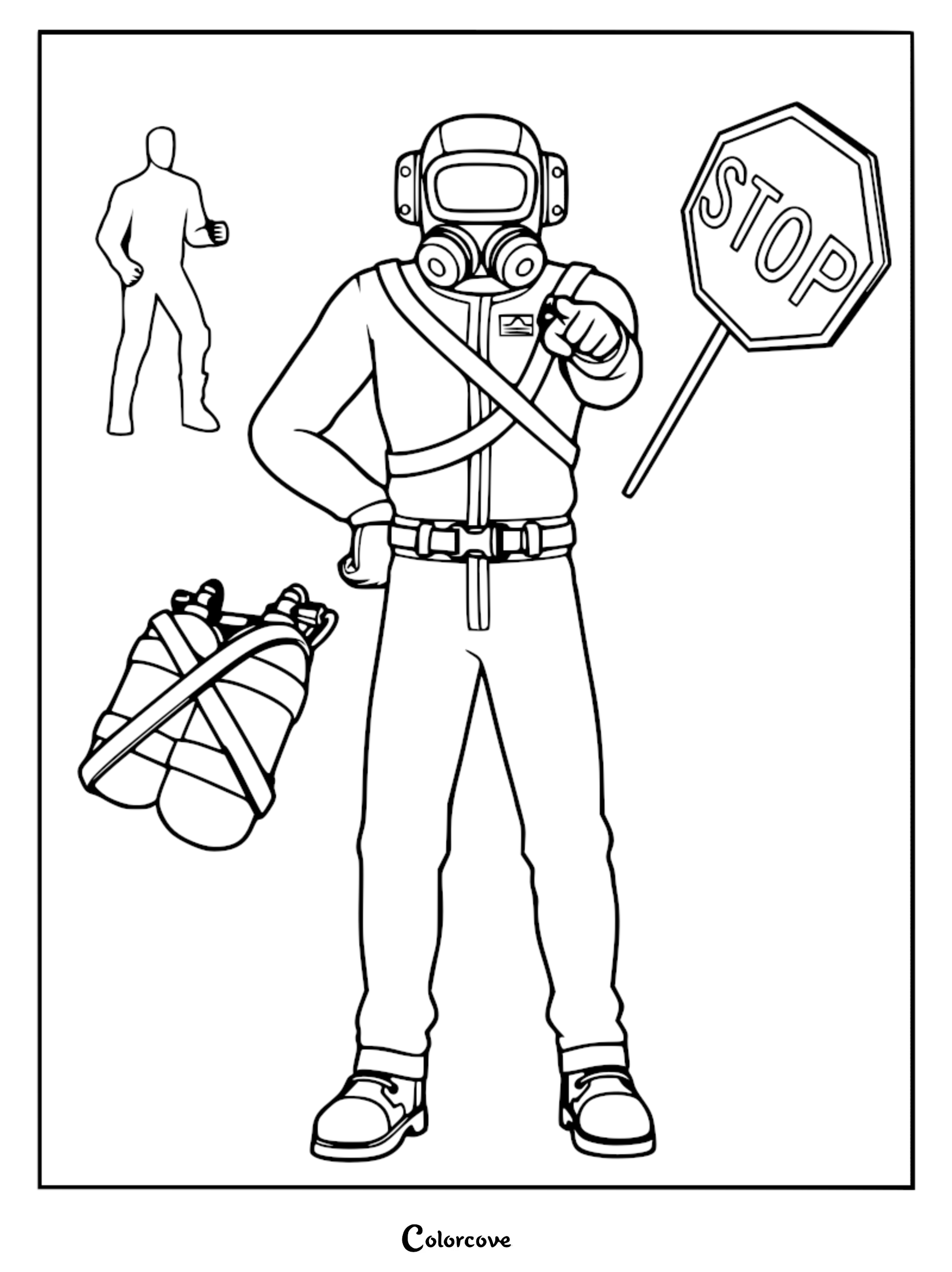 A Lethal Company Employee coloring page featuring a scavenger in a hazard suit pointing forward, accompanied by a stop sign and oxygen tanks.