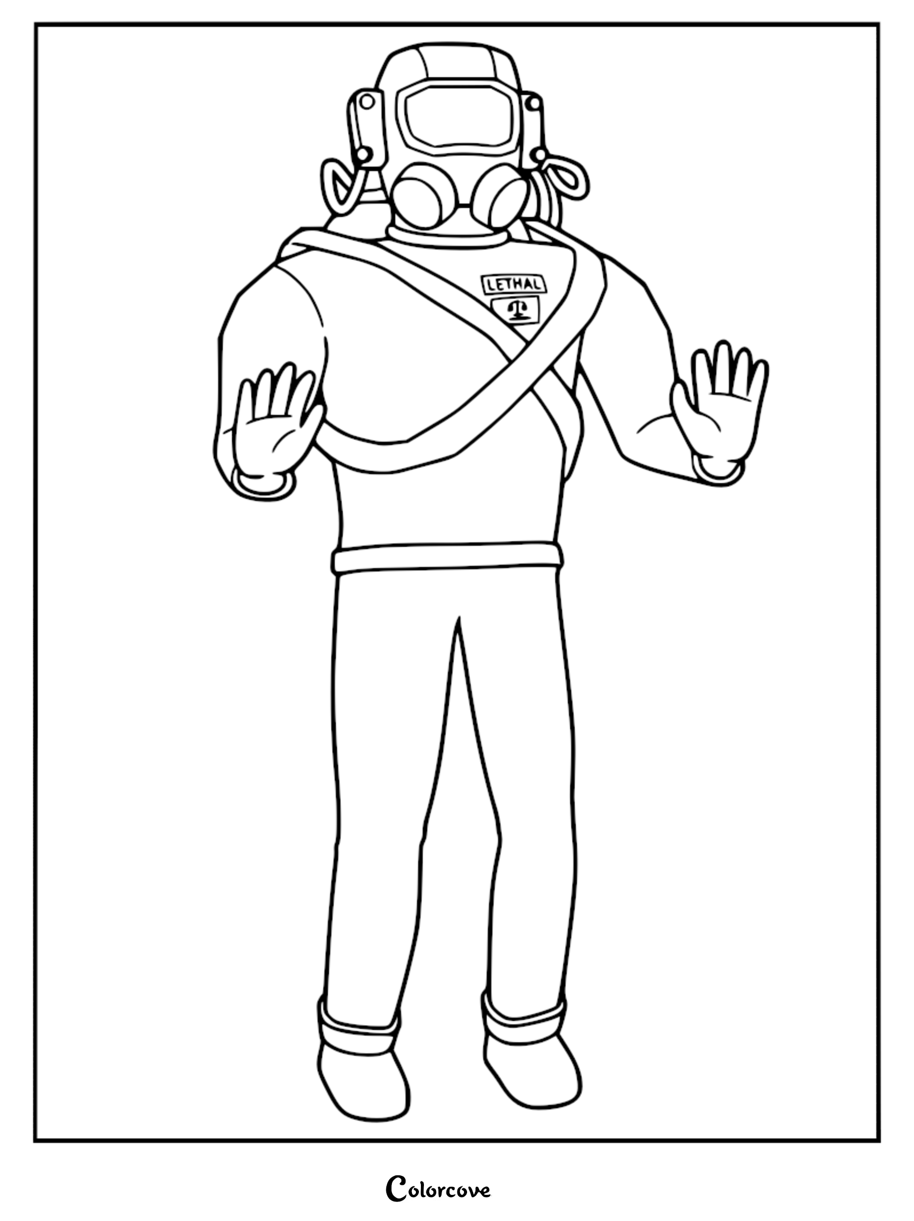 A printable coloring page featuring The Employee in a hazmat suit with hands raised in a defensive gesture.
