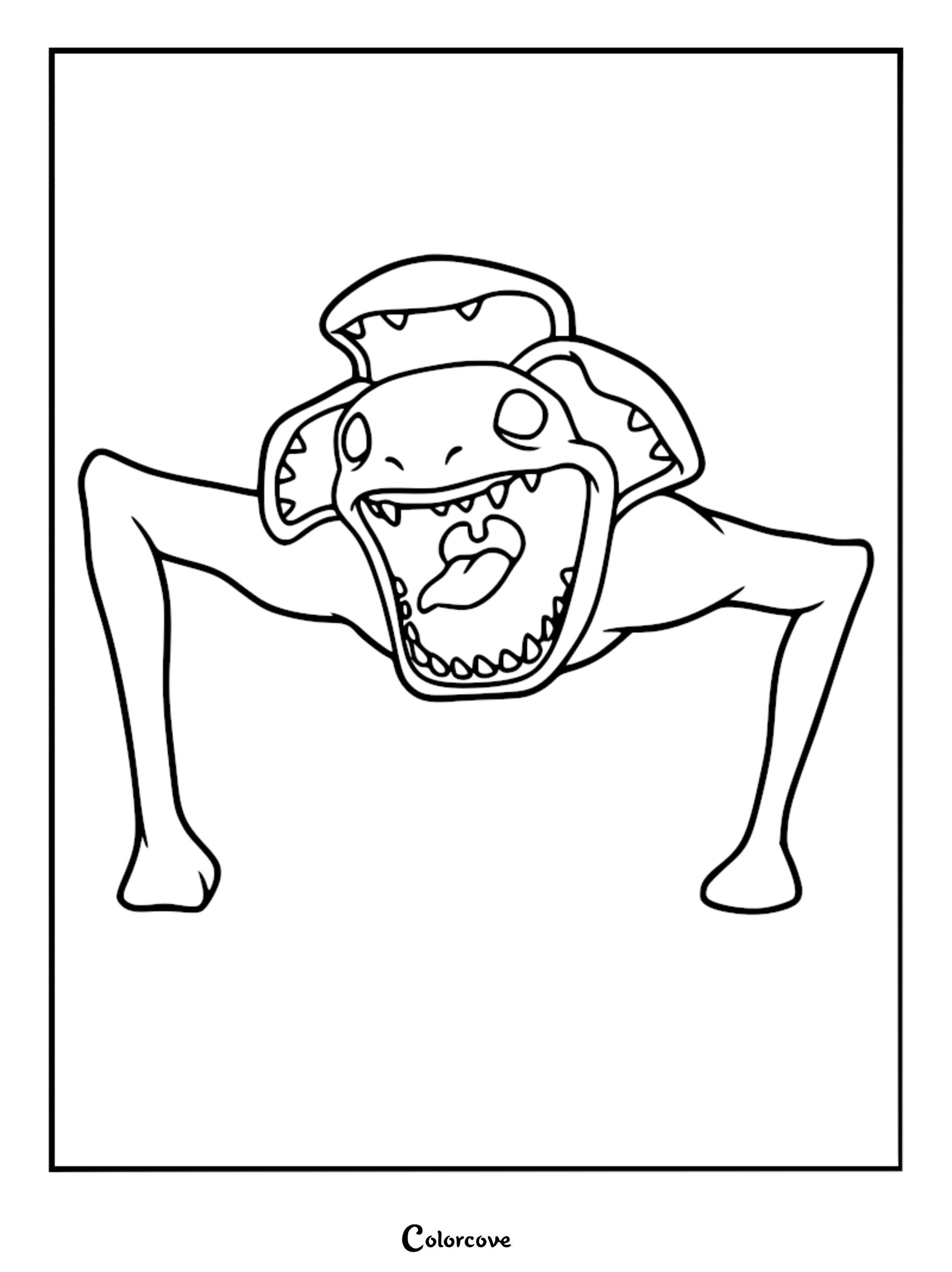 A printable coloring page featuring the Thumper monster from Lethal Company with its shark-like head and powerful arms.