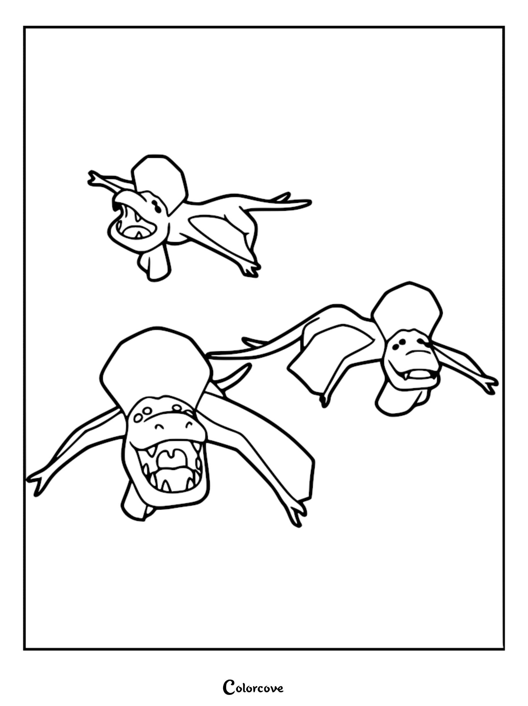 A printable coloring page featuring three Tulip Snakes from Lethal Company flying with their colorful wings spread wide.