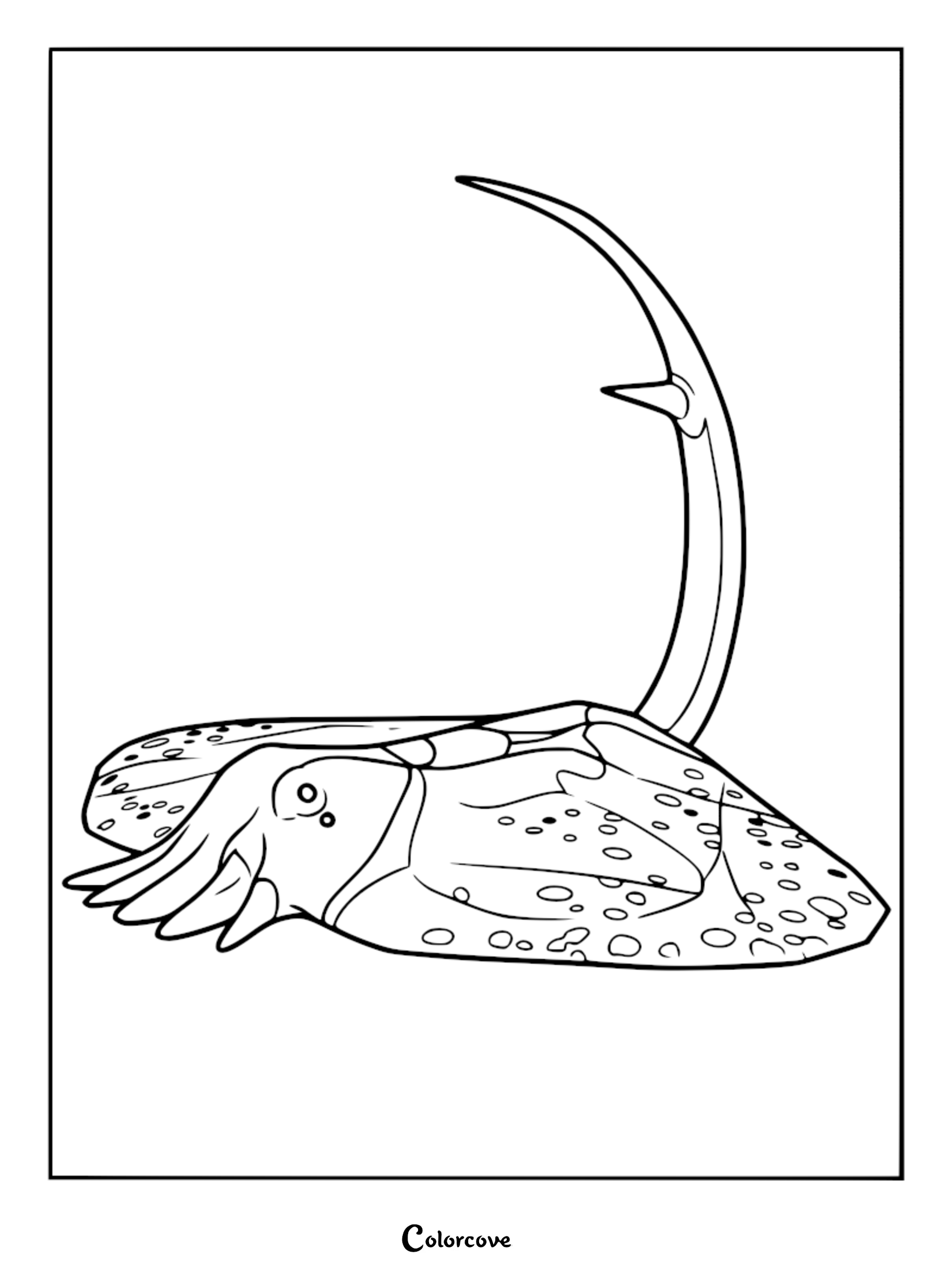 A detailed line art coloring page of the Lethal Company Backwater Gunkfish, showing its flat, spotted body and prominent curved dorsal spine.
