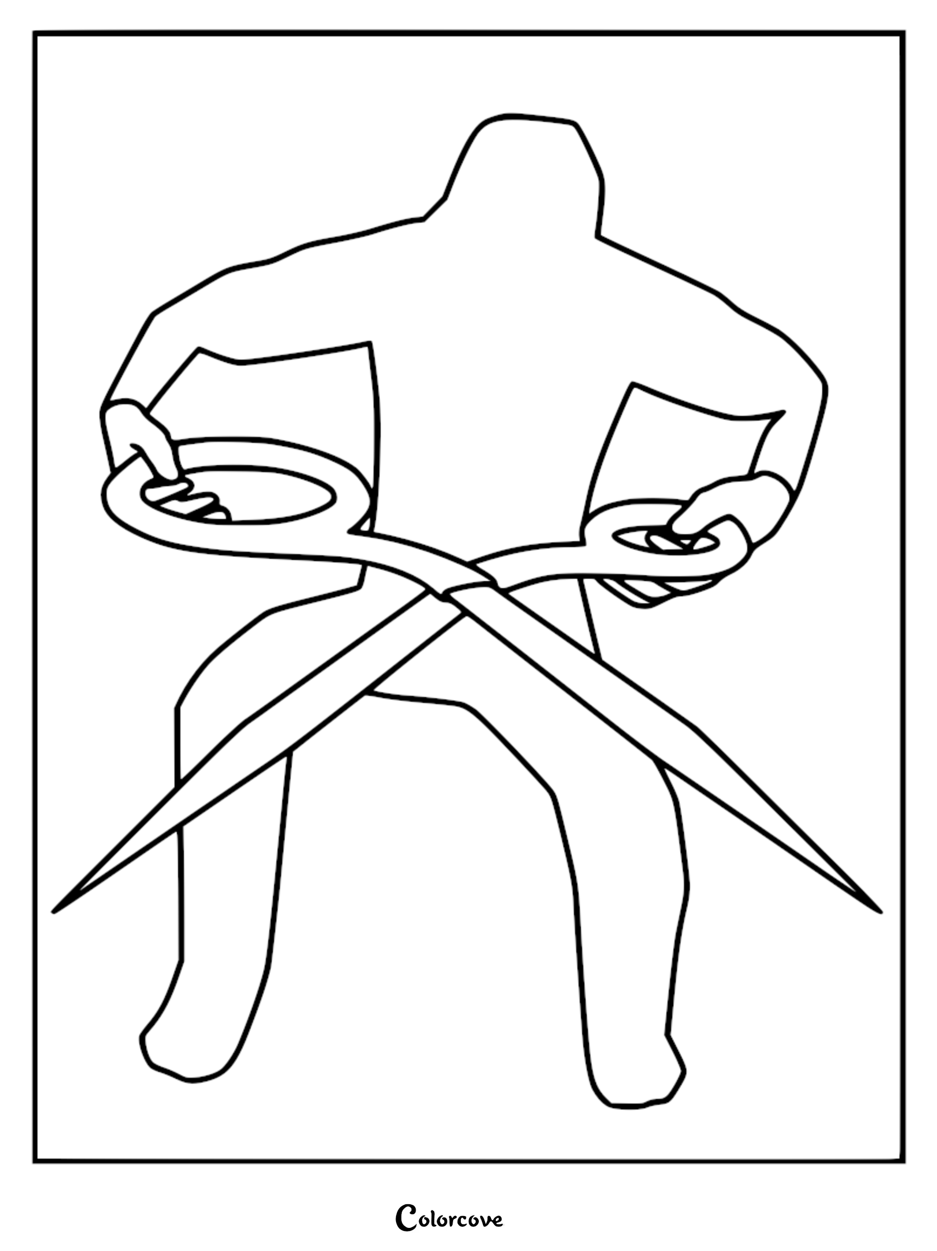 A simple black and white line art coloring page of the Barber from Lethal Company holding a giant pair of scissors.