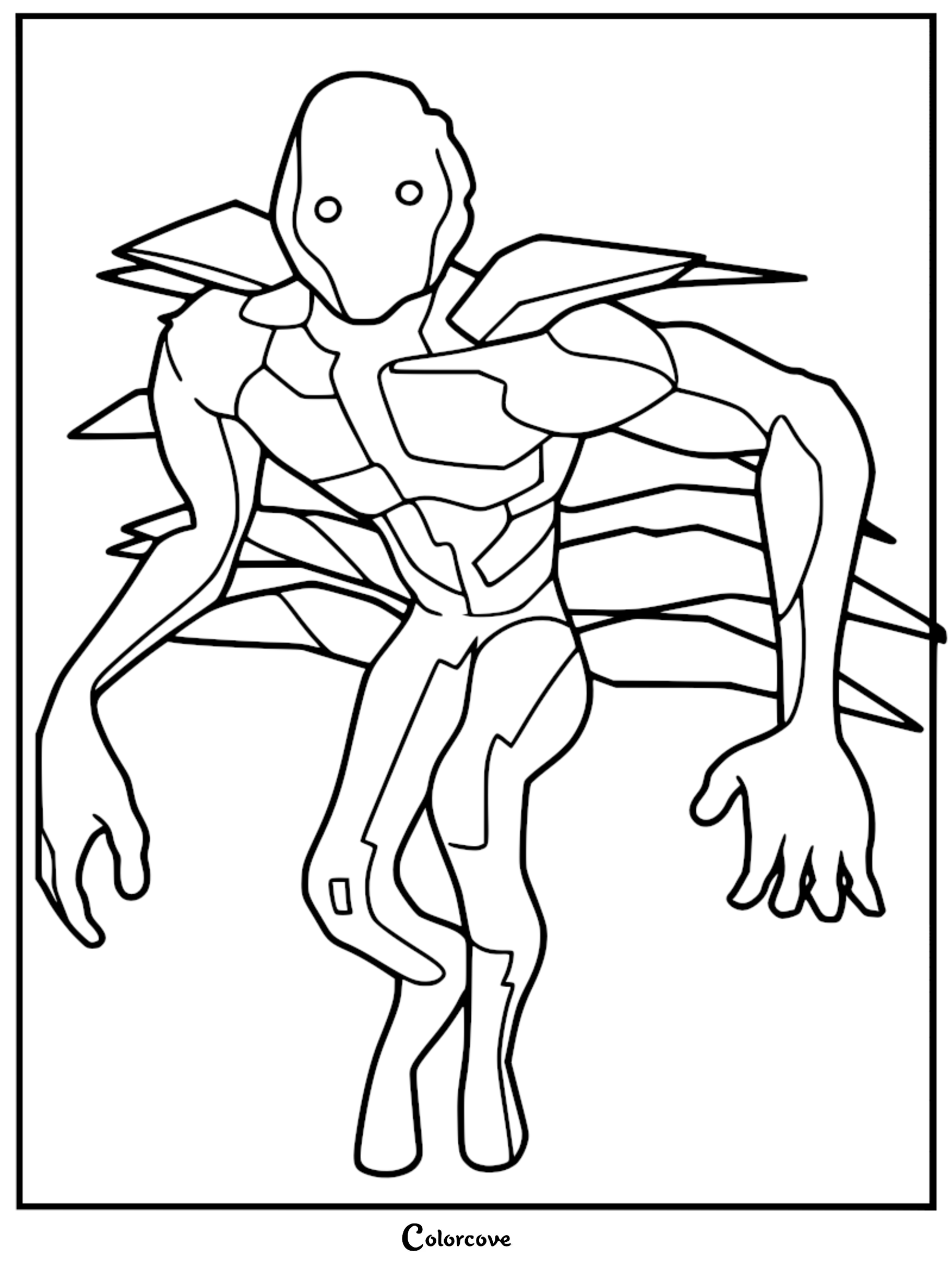 A printable coloring page featuring the Bracken from Lethal Company, showing its shadowy humanoid form, glowing eyes, and leaf-like protrusions on its back.