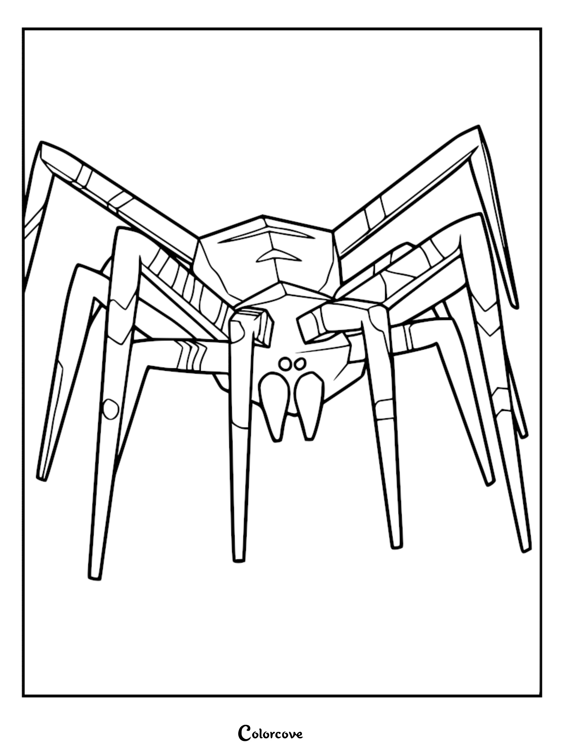 A detailed line art coloring page of the Lethal Company Bunker Spider, featuring its large, angular body and multiple long, segmented legs.