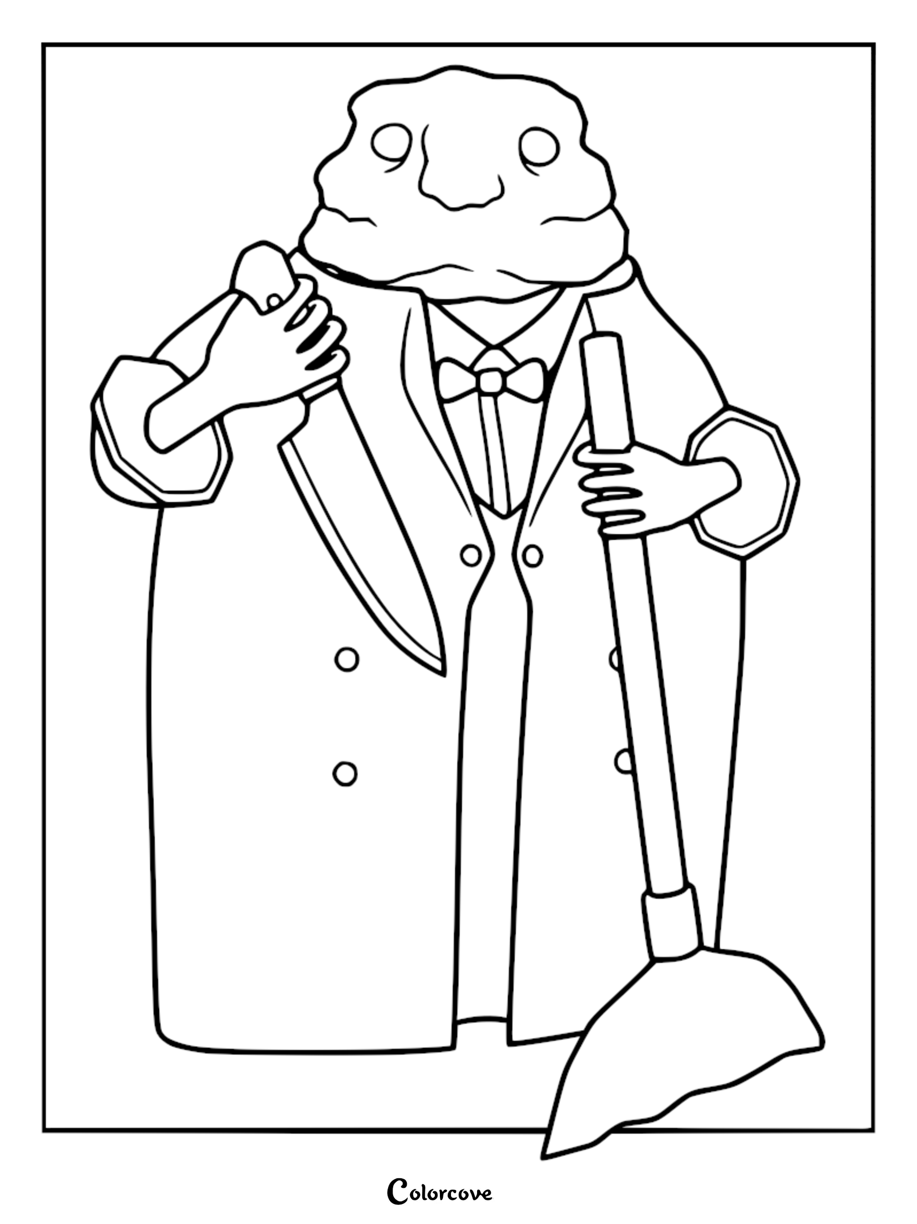 A detailed coloring page of the Butler from Lethal Company, wearing a suit and bow tie while holding a kitchen knife and a broom.