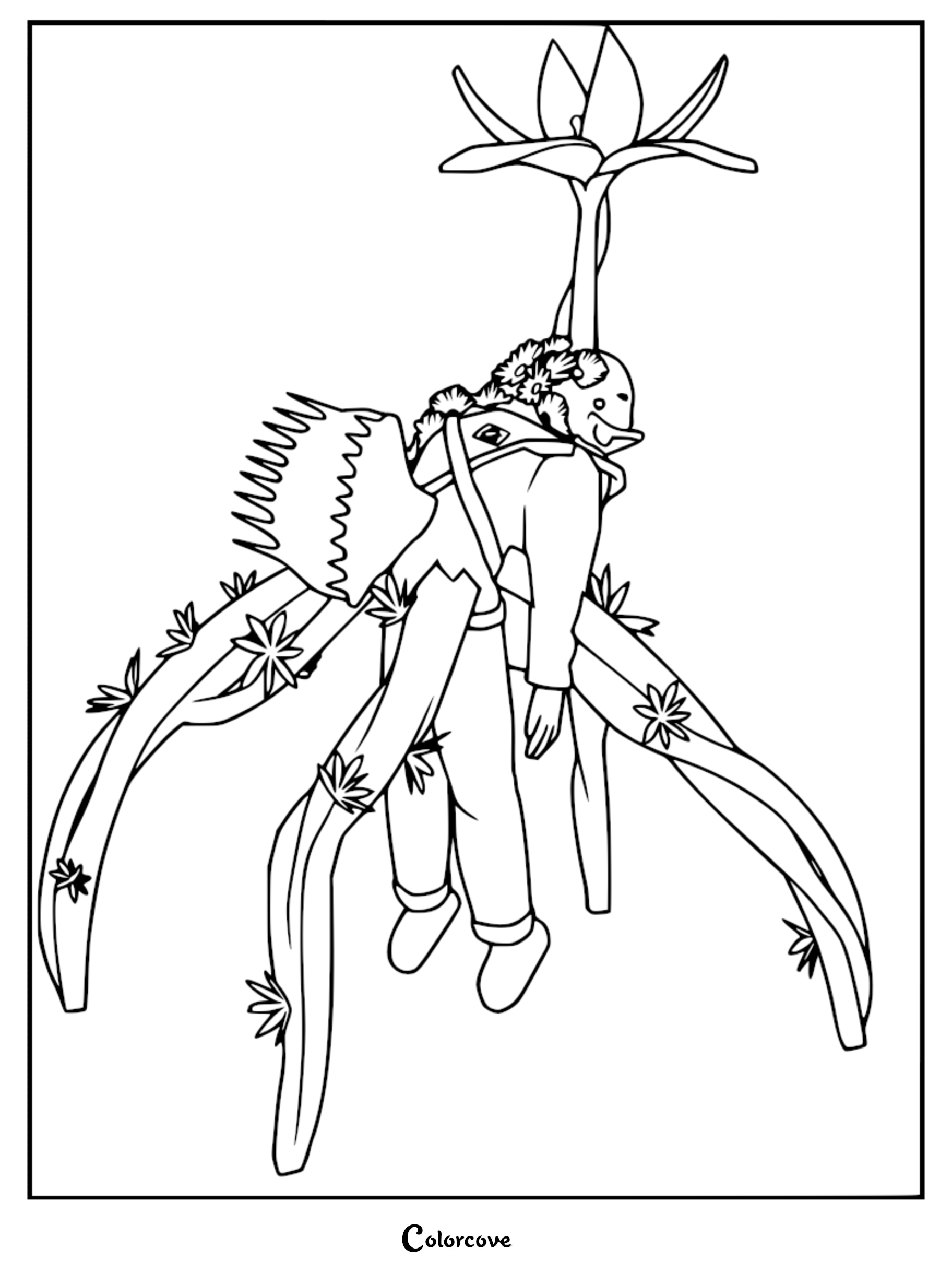 A printable coloring page featuring the Cadaver Bloom from Lethal Company, showing a scavenger trapped by the parasitic plant with a large flower blooming from their back.