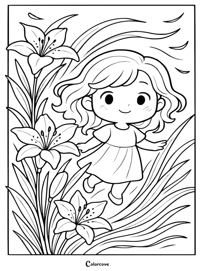 A cute chibi girl with wavy hair standing in a garden of blooming lilies on a printable coloring page.