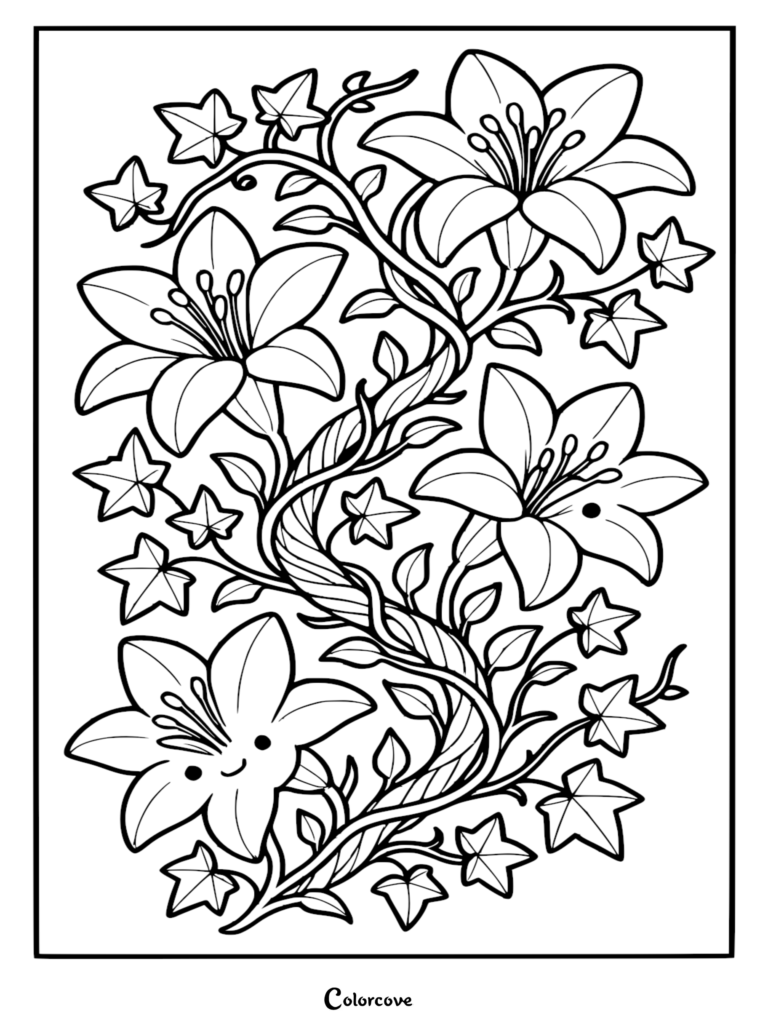 A printable coloring page featuring four lilies intertwined with ivy leaves and vines, including one lily with a smiling kawaii face.