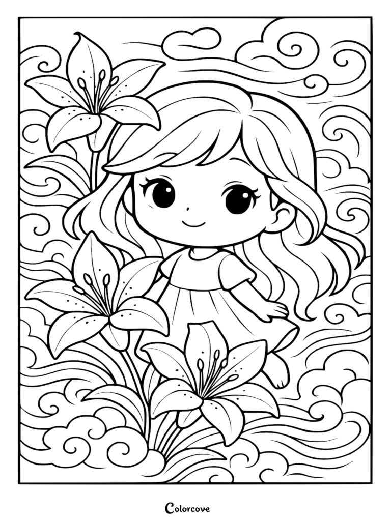A cute chibi anime girl standing among large blooming lilies against a background of swirling wind patterns in this printable coloring page.