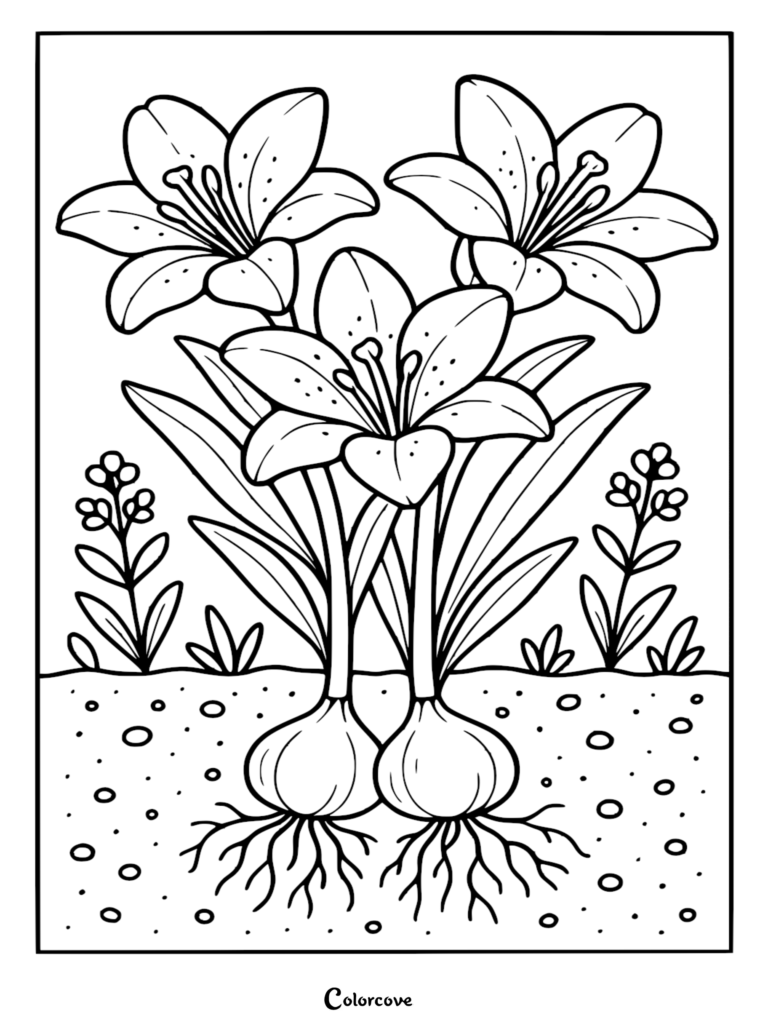 Three blooming lilies with exposed bulbs and root systems in the soil as a line art coloring page.